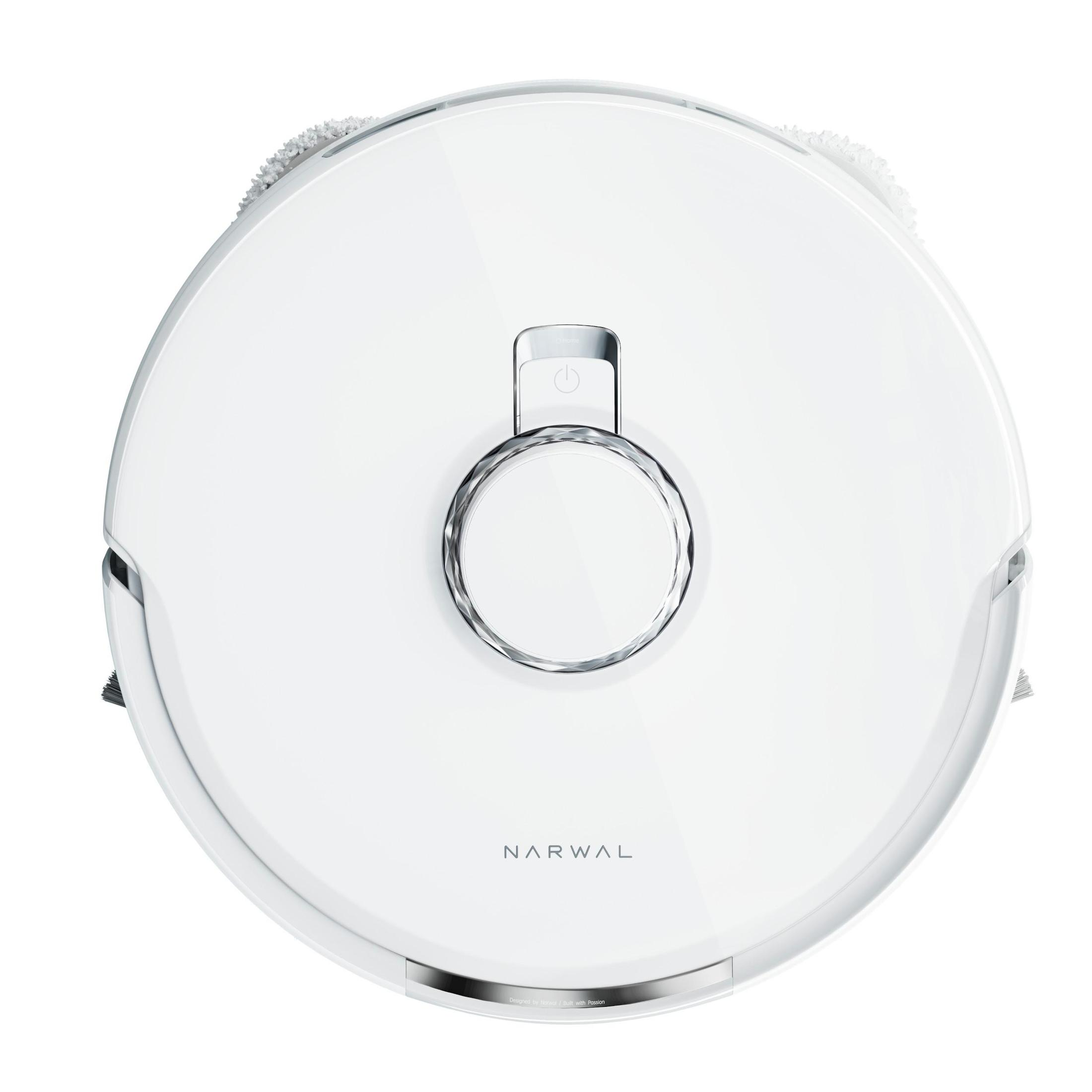 Weißer kreisförmiger Roboter-Staubsauger. Narwal-Logo ist sichtbar. Draufsicht.