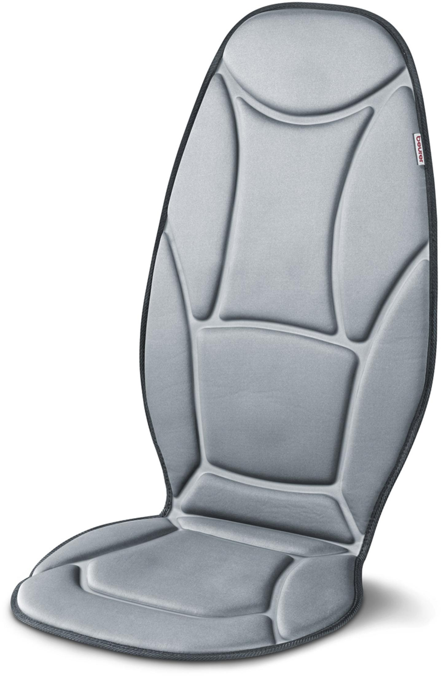 Graue Massage-Sitzbezug. Es hat mehrere gepolsterte Abschnitte und einen schwarzen Rand.