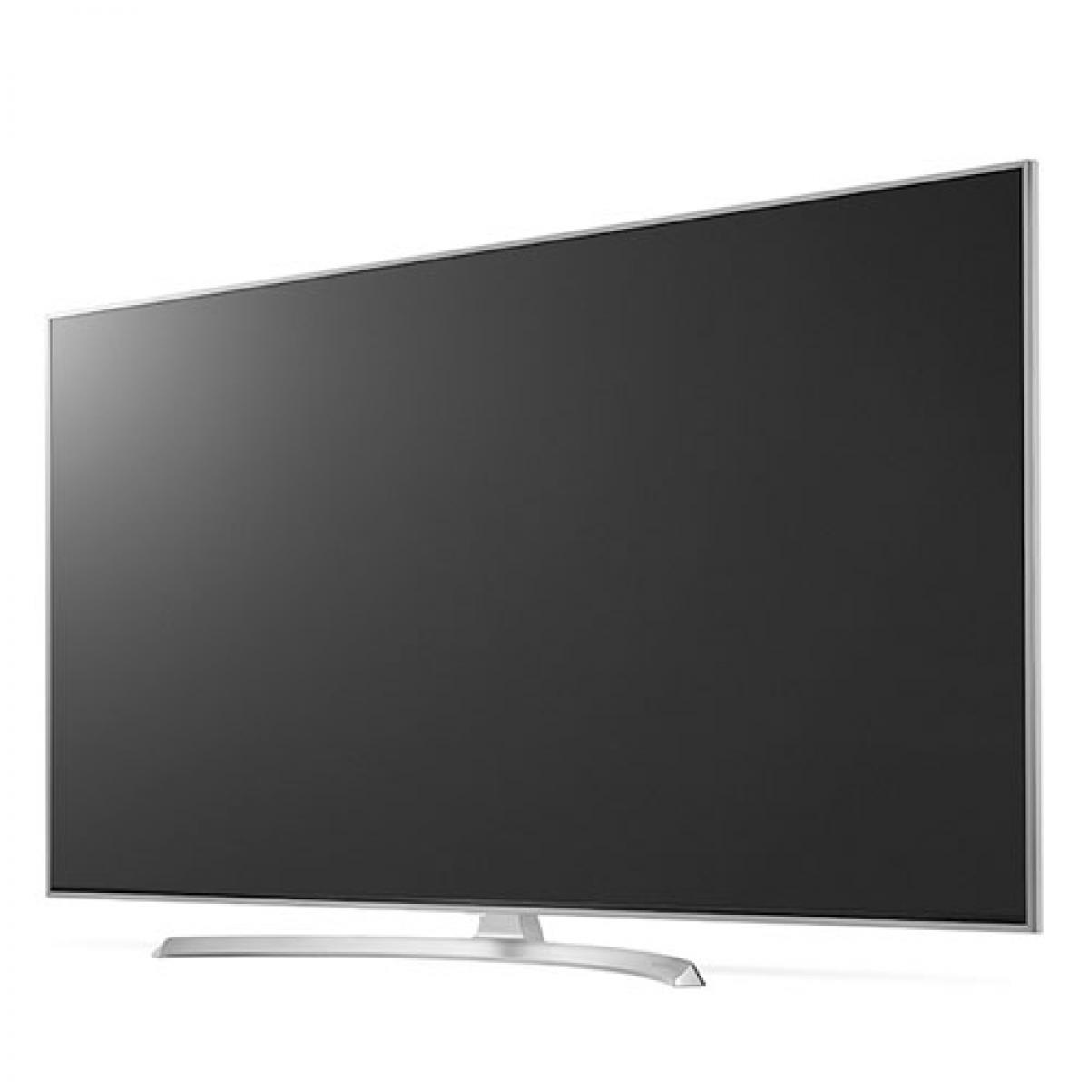 TV LG negro, soporte plateado. Pantalla en blanco, fondo blanco.