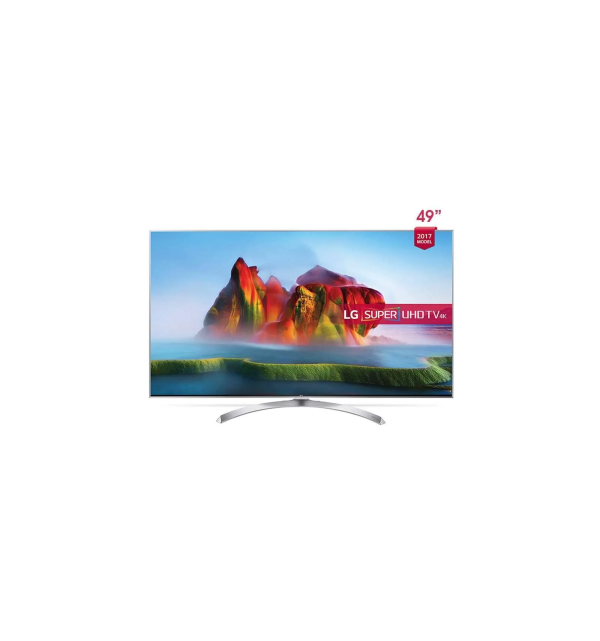TV LG Super UHD 4K de 49 pulgadas mostrando un paisaje vibrante. TV sobre fondo blanco.