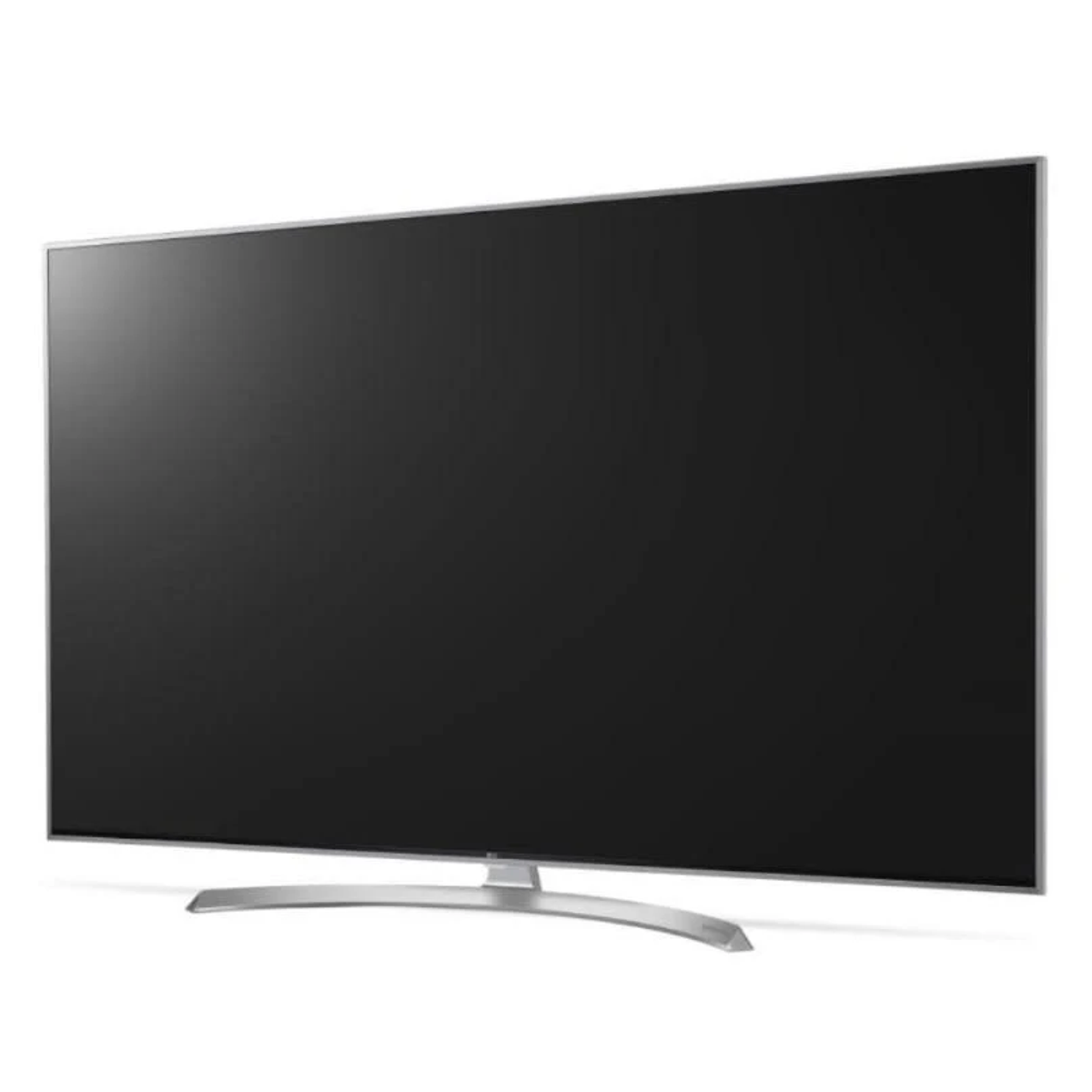 Televisor negro grande con soporte plateado sobre fondo blanco.