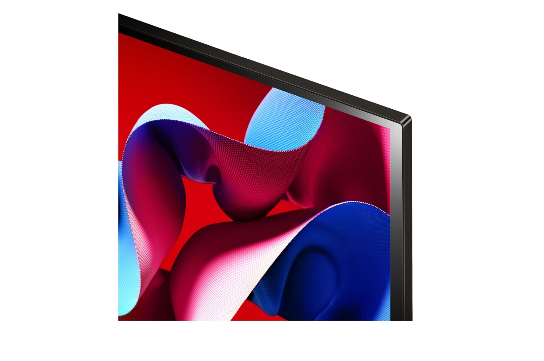 Primer plano de una gran pantalla de TV que muestra una imagen abstracta y colorida.