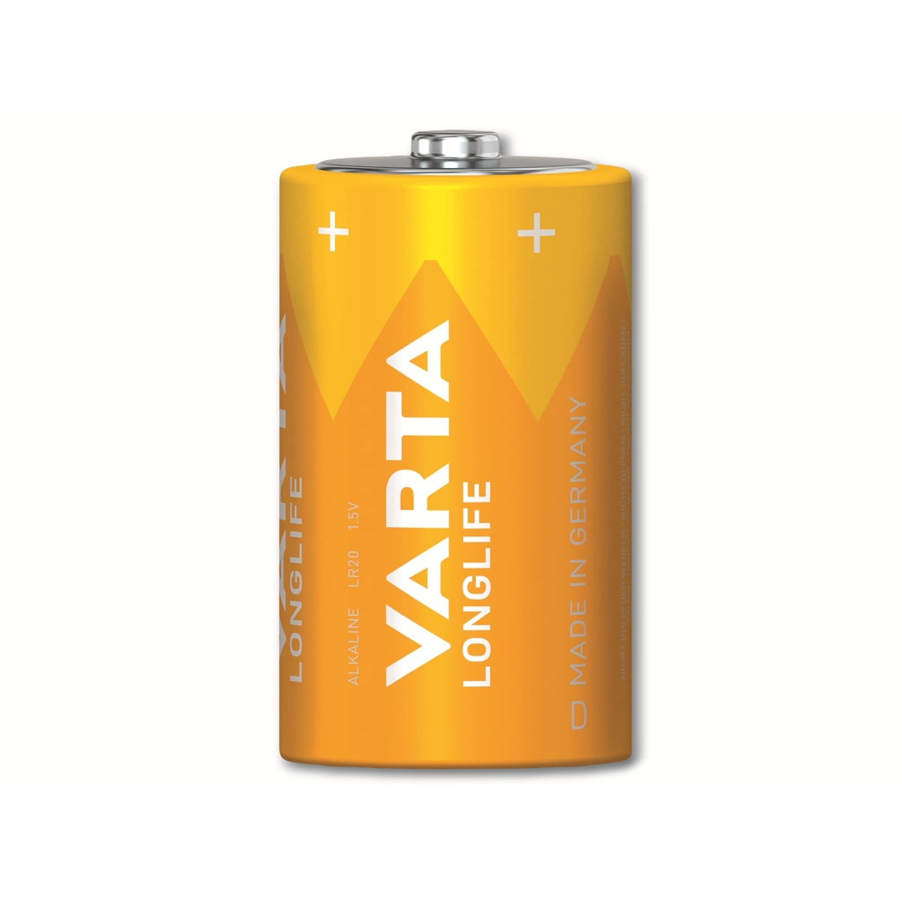 Yellow Varta Longlife battery with white text and a plus sign on both sides.
