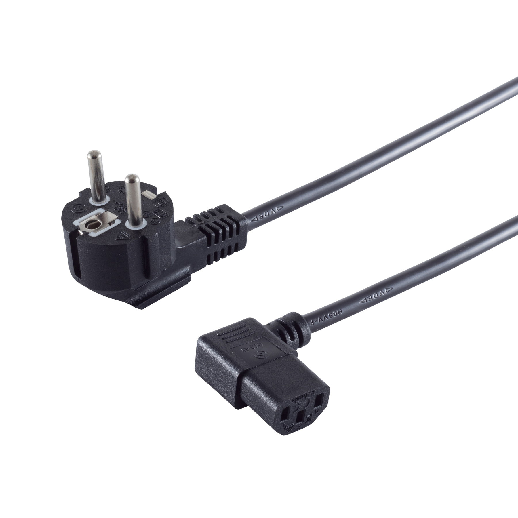 Schwarzes Netzkabel mit Eurostecker und gewinkeltem IEC-Stecker.