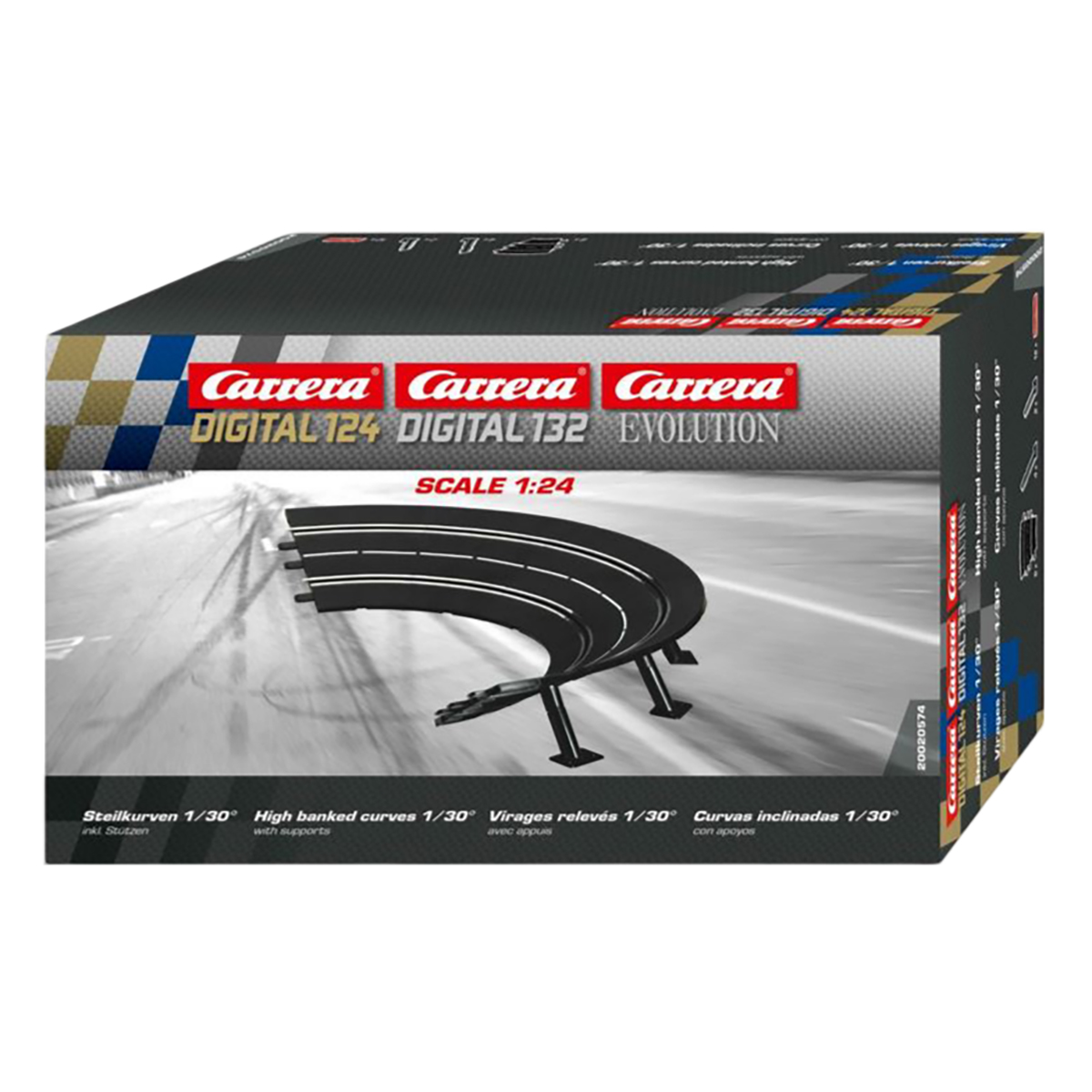 Una scatola di un set di pista da corsa. La pista è nera e ha sezioni curve.