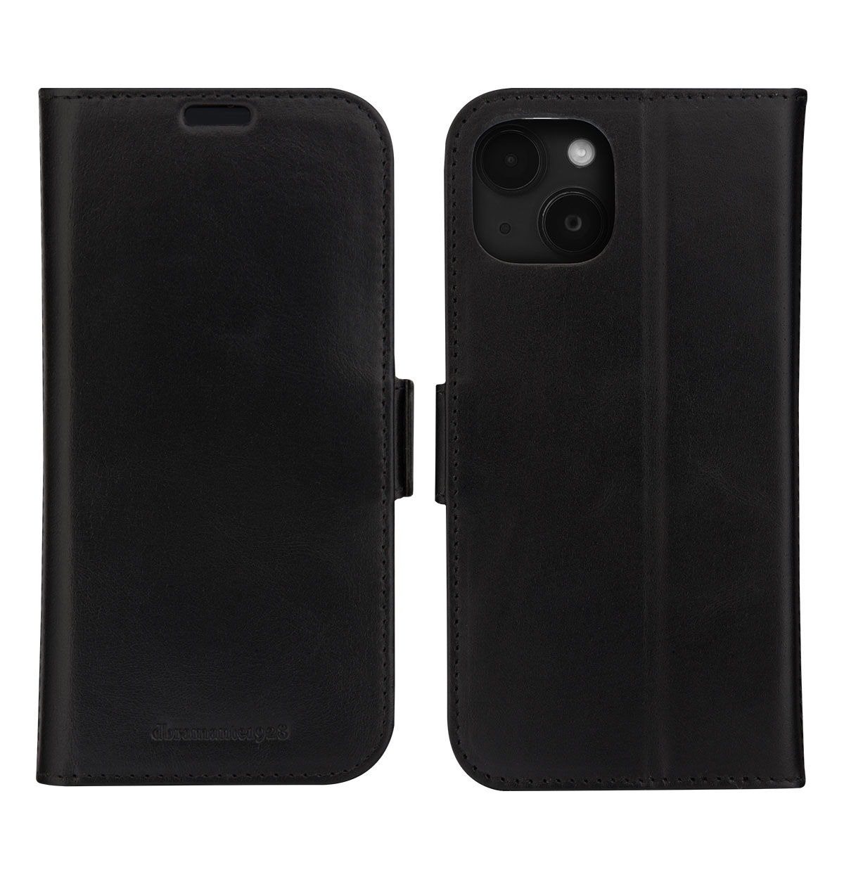 Dwie strony czarnego etui na telefon. Jedna zamknięta, druga otwarta z telefonem w środku.