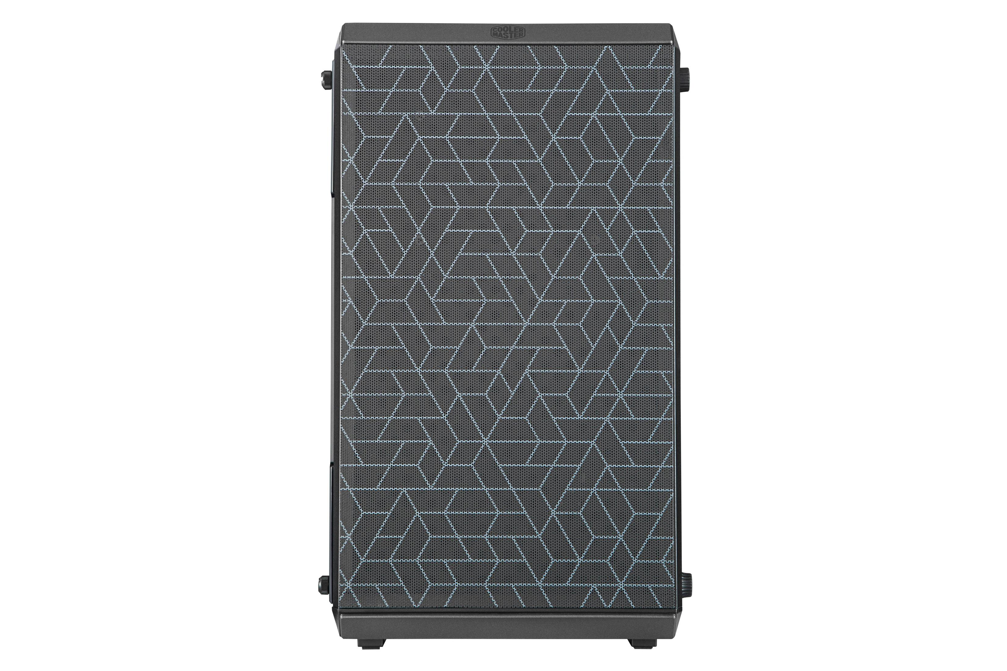 Schwarzes Computergehäuse mit geometrischer Mesh-Frontplatte, isoliert auf Weiß.