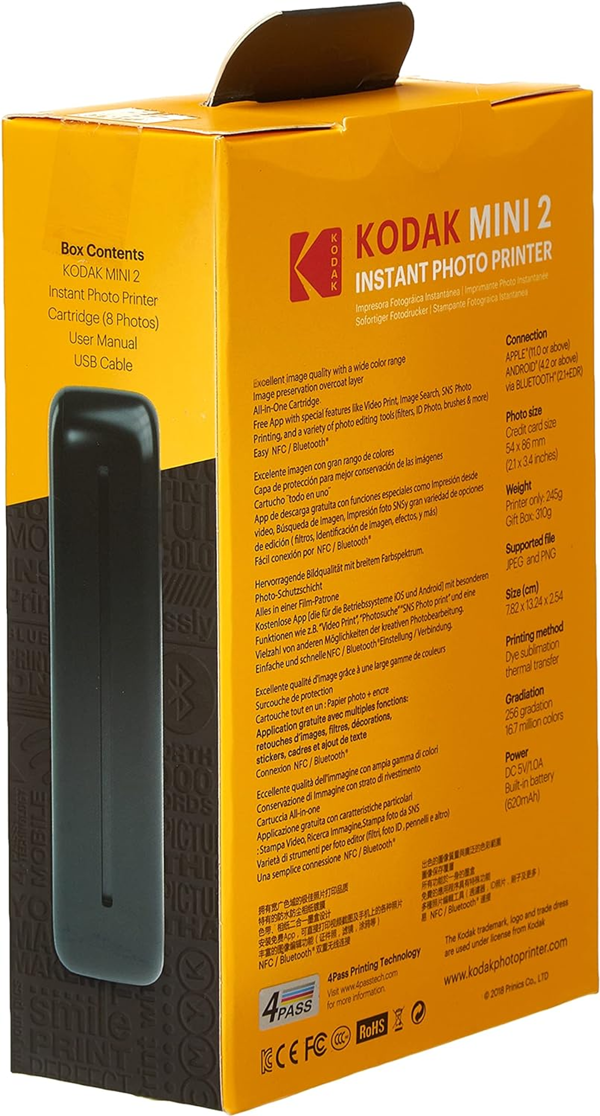 Kodak Mini 2 Sofortbilddrucker-Box mit Text und Bildern.