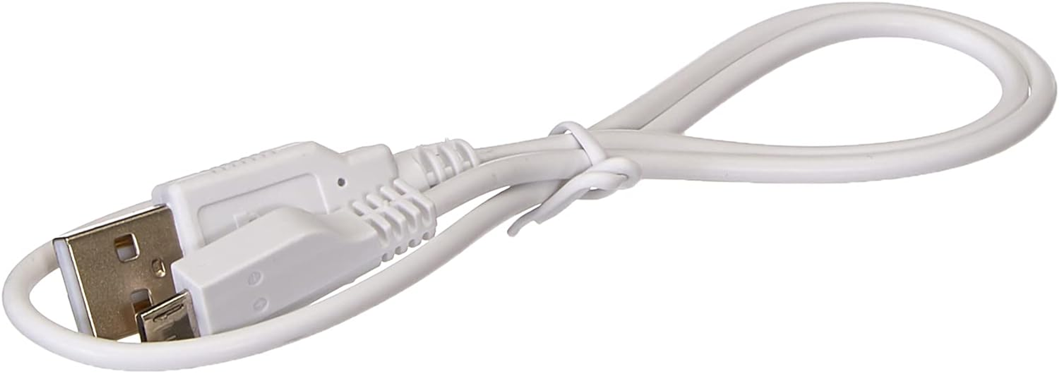 Ein weißes USB-zu-Micro-USB-Kabel, aufgerollt und geschlauft, isoliert auf weißem Hintergrund.