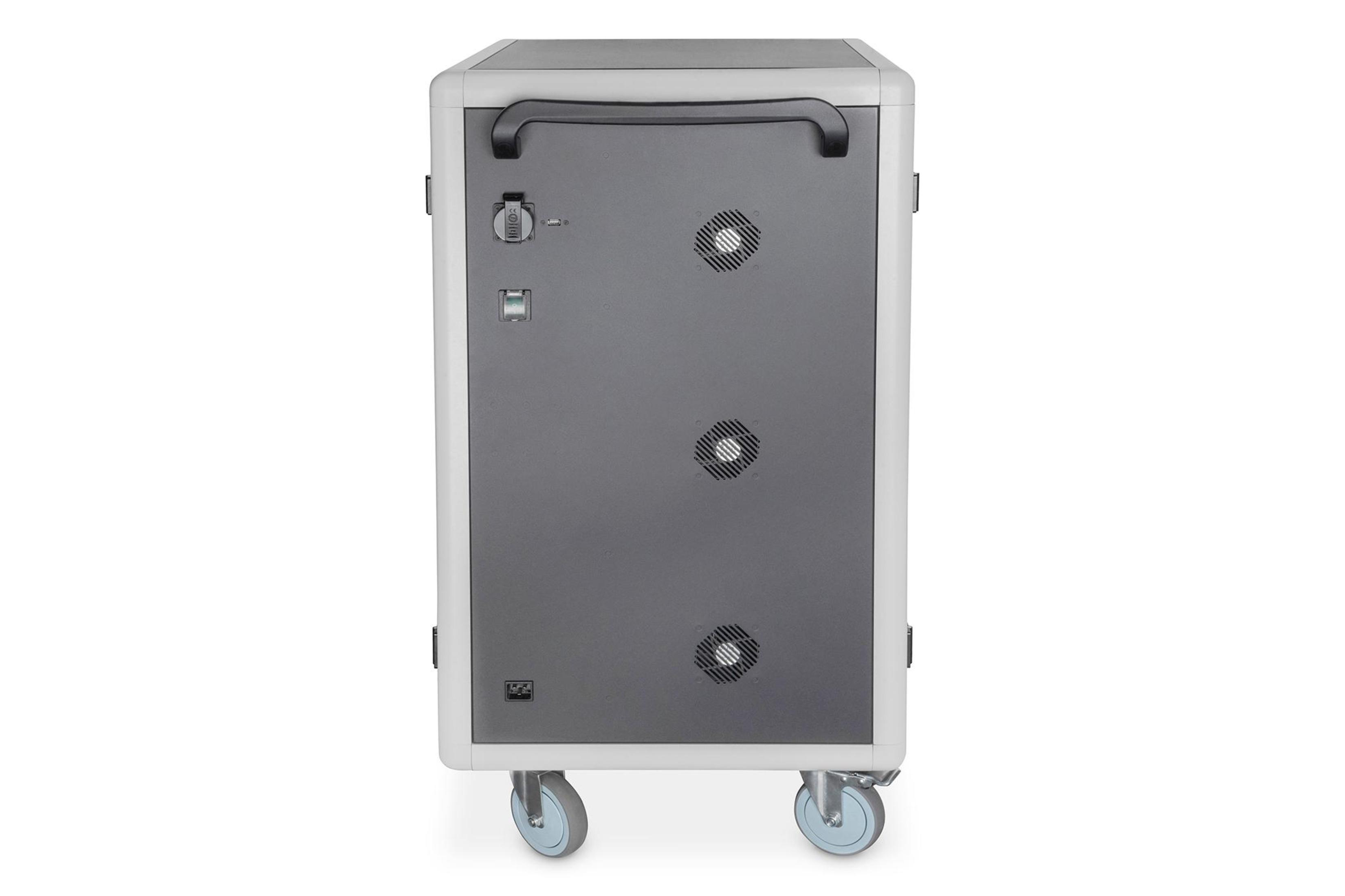 Carrello grigio e bianco con ruote, multiple prese d'aria e maniglia.