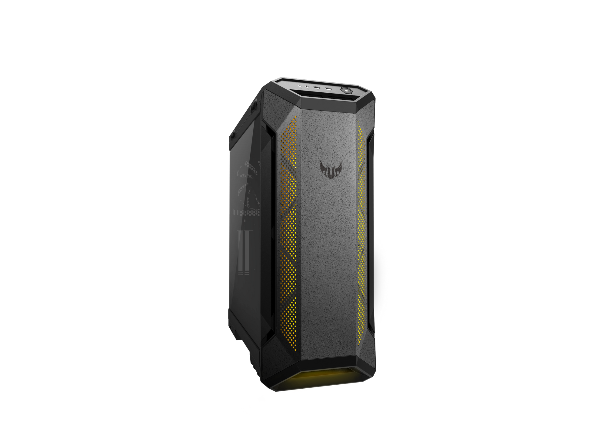 Czarna i szara obudowa komputera z żółtymi akcentami na czarnym tle. Emanuje żółte światło.