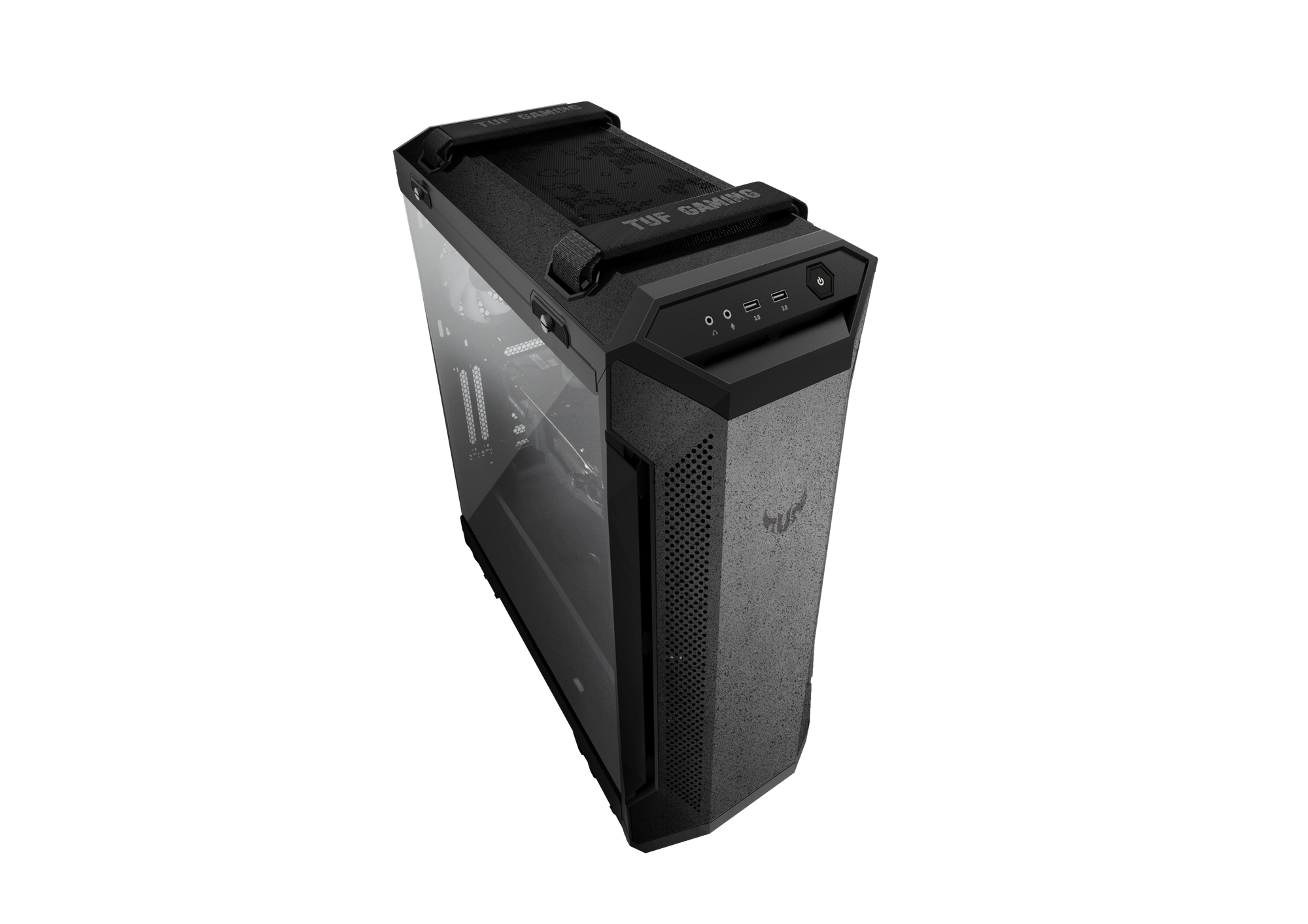Czarna obudowa komputera z przezroczystym panelem bocznym. Marka to TUF GAMING.