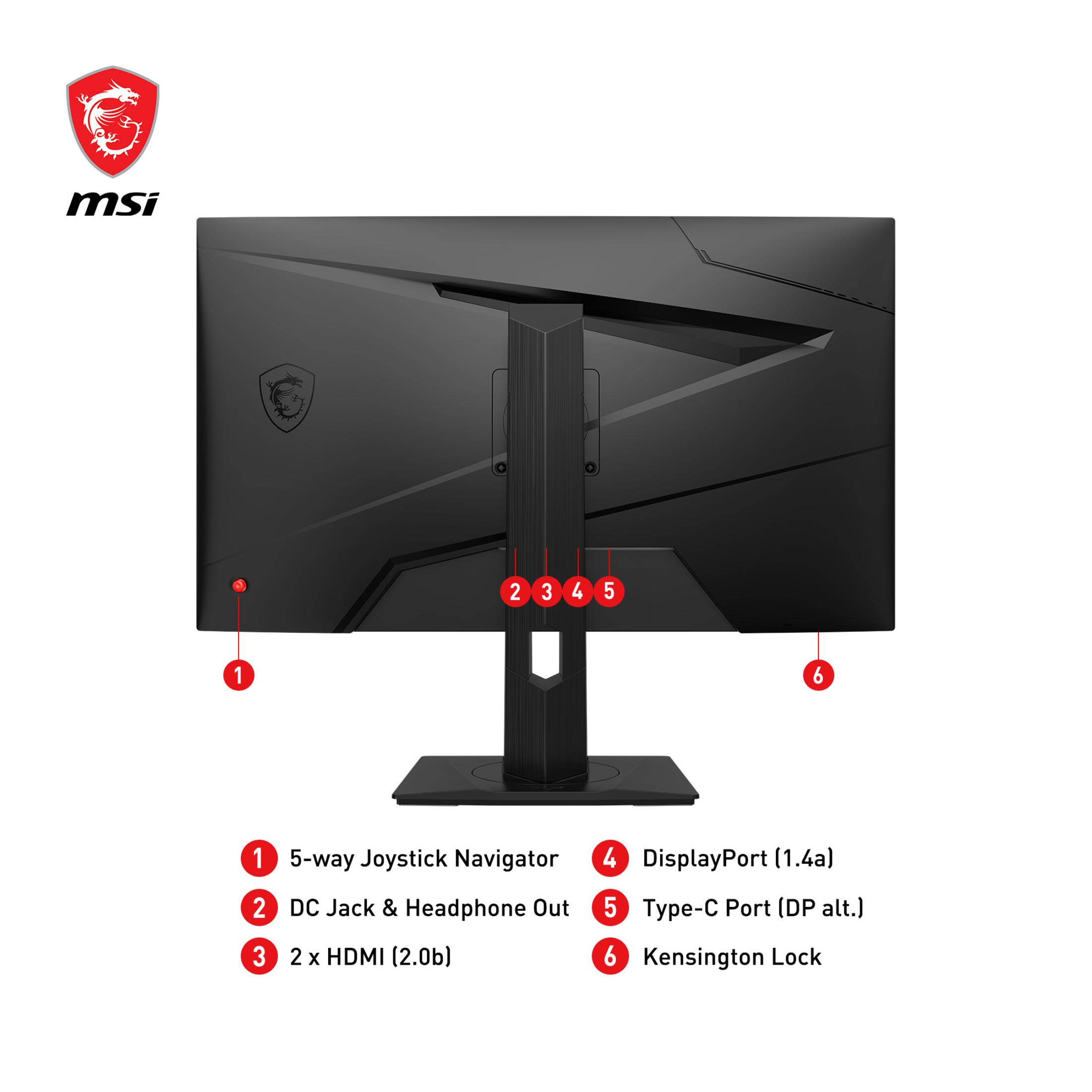 Widok z tyłu monitora MSI z oznaczonymi portami: joystick, HDMI, DisplayPort i Kensington Lock.