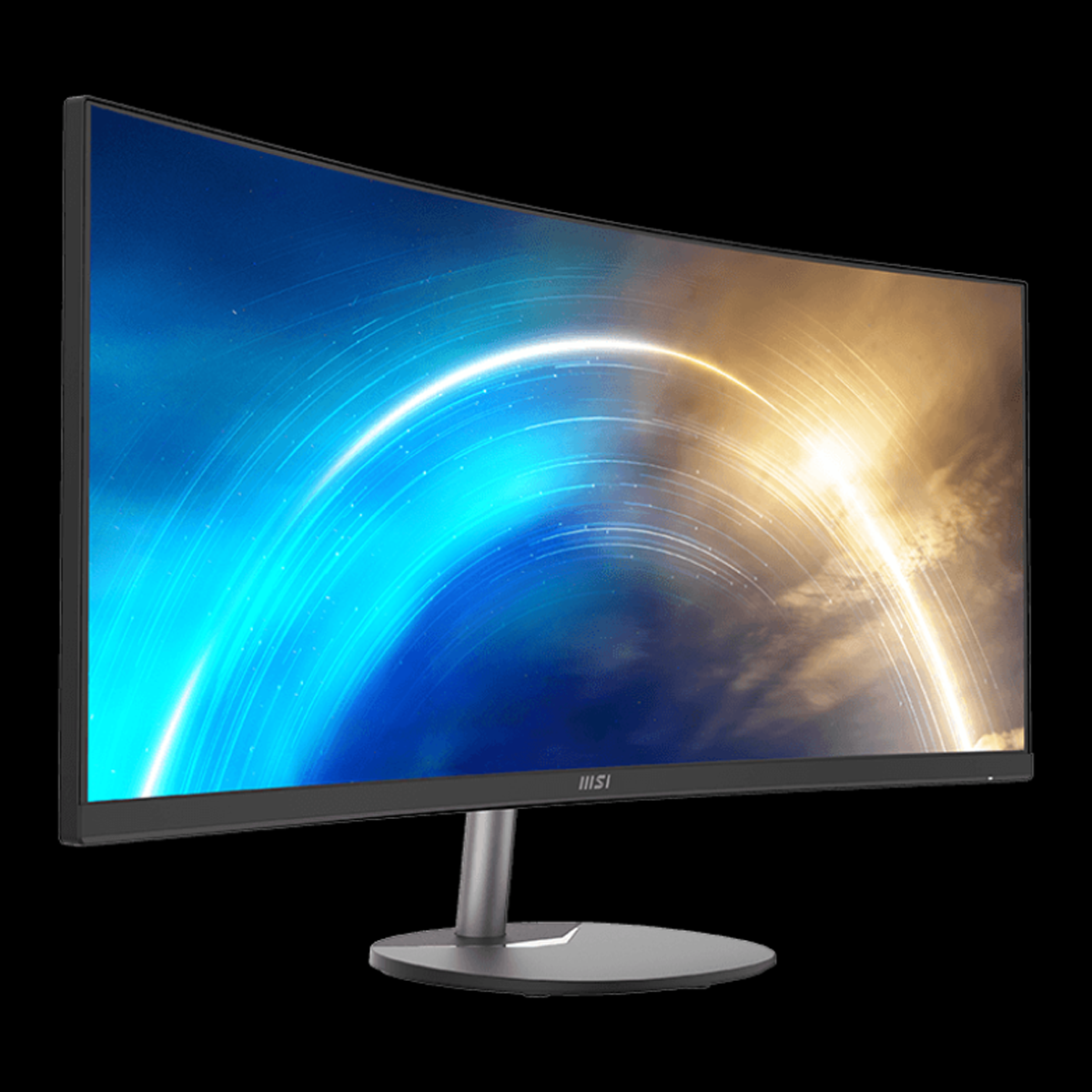 Zakrzywiony monitor z niebieskim i złotym wyświetlaczem na czarnym tle.