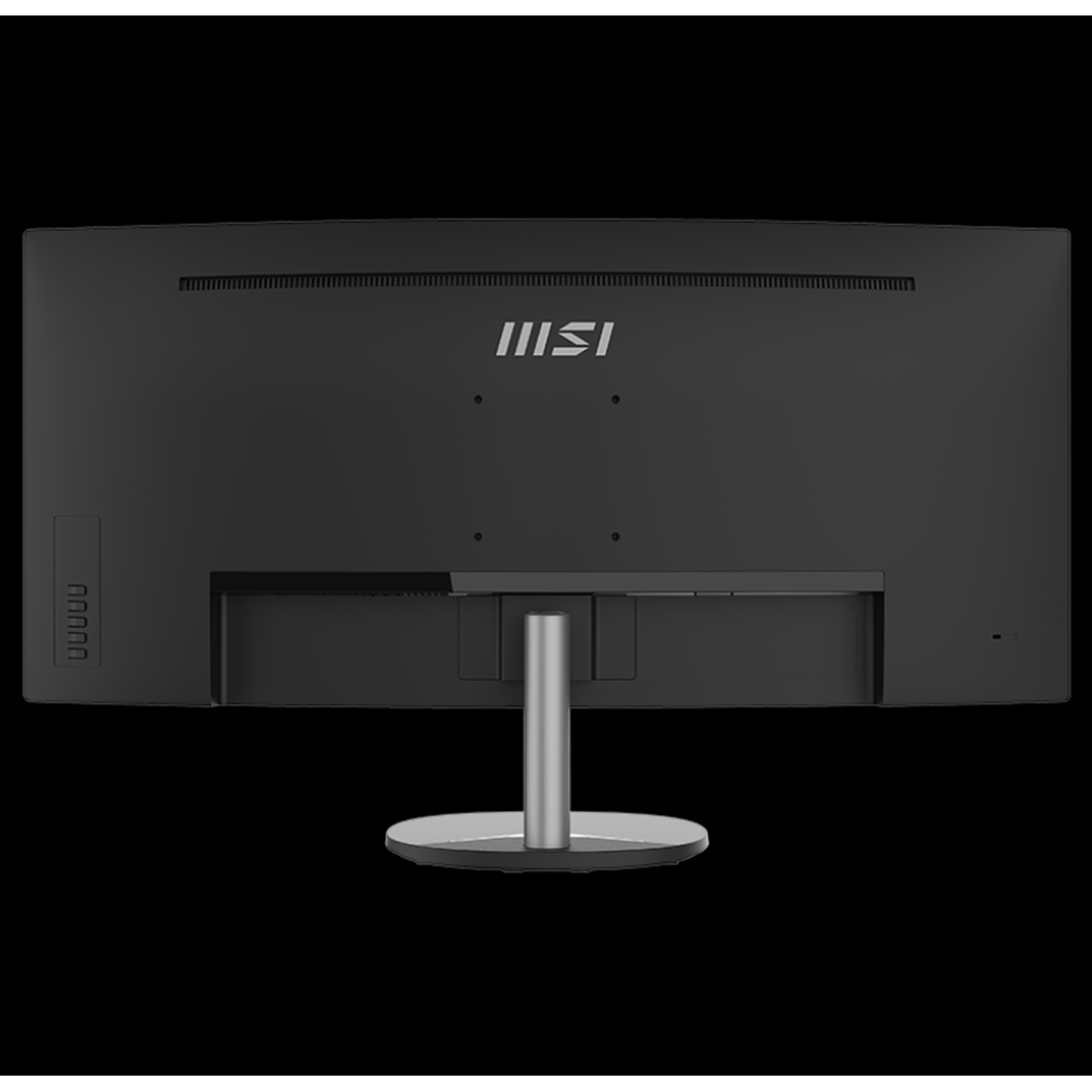 Widok z tyłu czarnego monitora komputera. Widoczny srebrny stojak. Czarne tło.