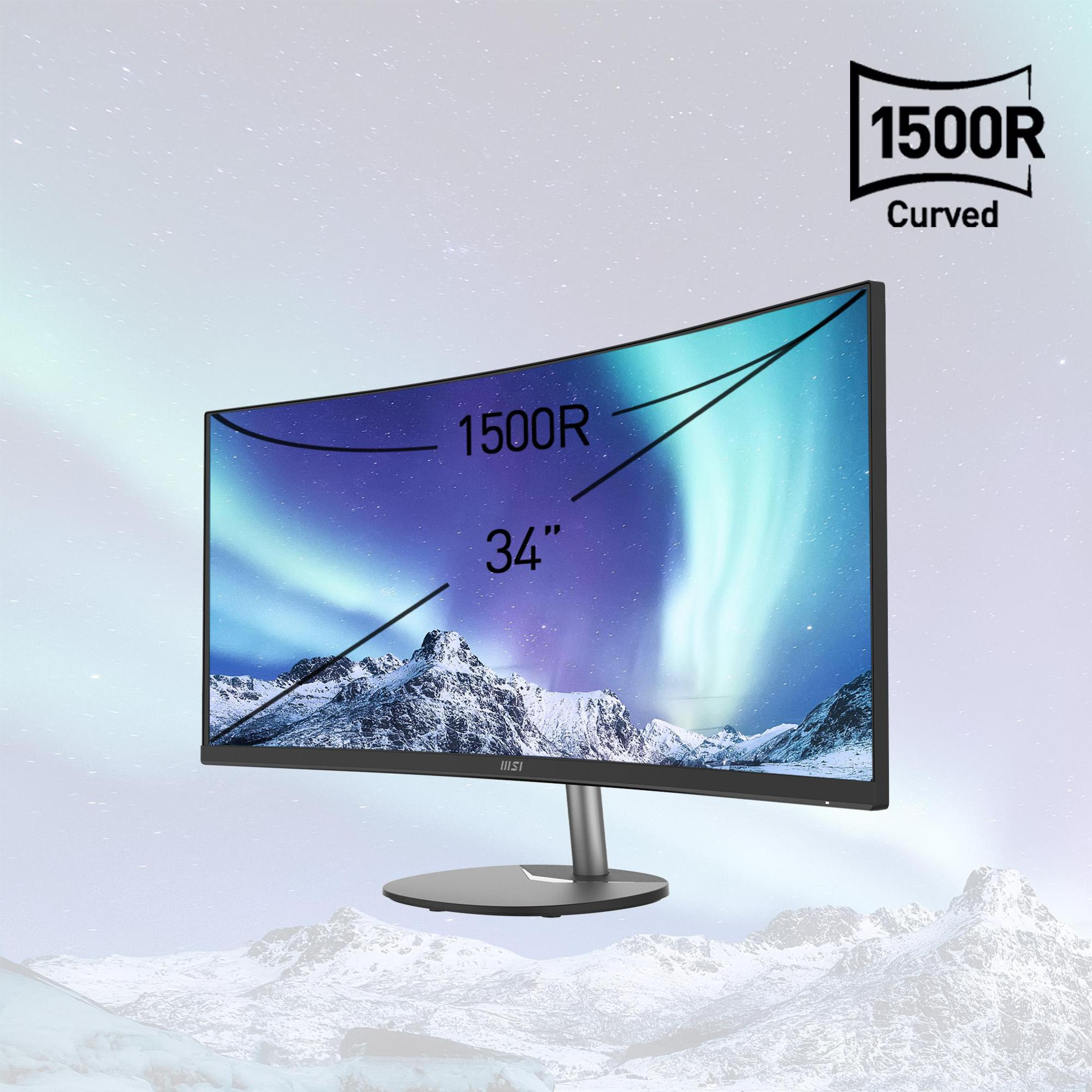 Zakrzywiony monitor z nocnym niebem. Tekst: '1500R' i '34"'.