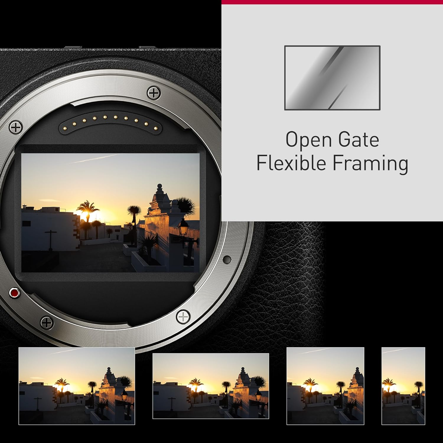 Kamera mit Sonnenuntergangsszene auf dem Bildschirm, Text „Open Gate“.