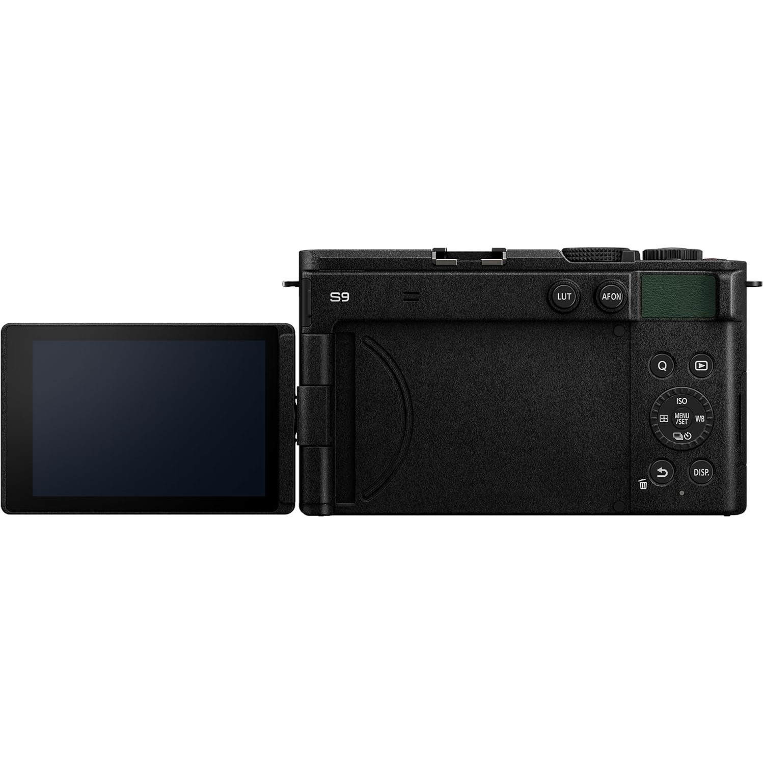 Black camera with a flip-out screen, buttons and controls, and a lens.