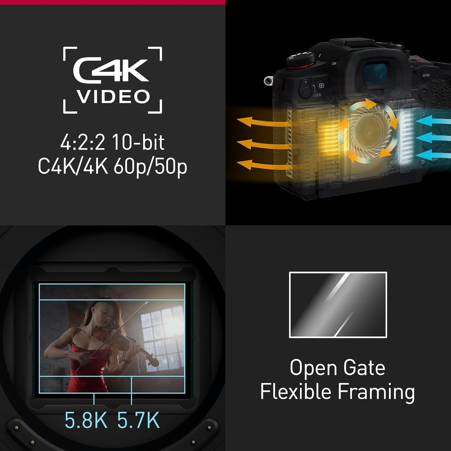 Eine Kamera mit Texten: C4K Video, 4:2:2 10-Bit, C4K/4K 60p/50p. Außerdem eine Geigerin.