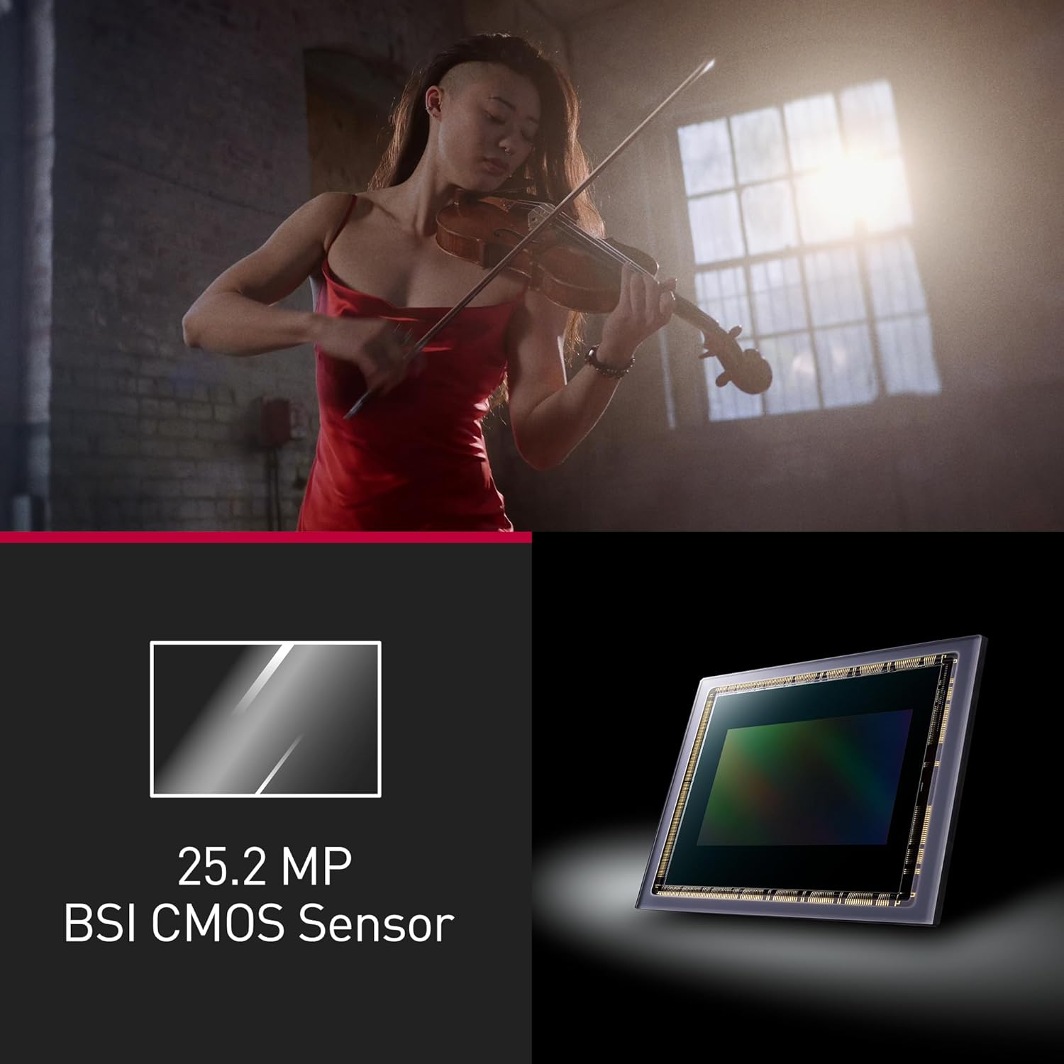 Eine Frau spielt Geige, dazu ein 25,2 MP CMOS-Sensor.