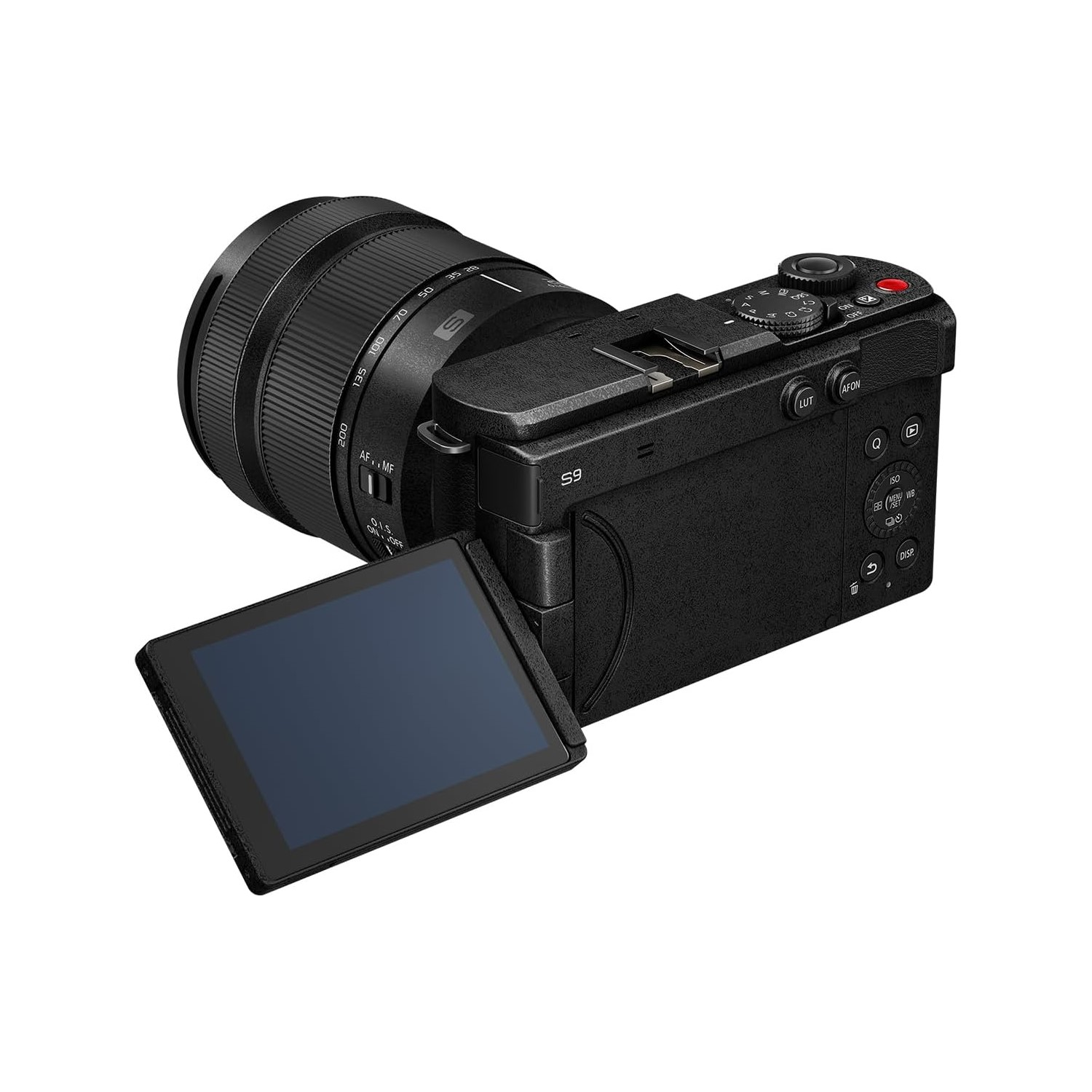 Black camera with lens extended, screen open on white background. Buttons and dials visible.