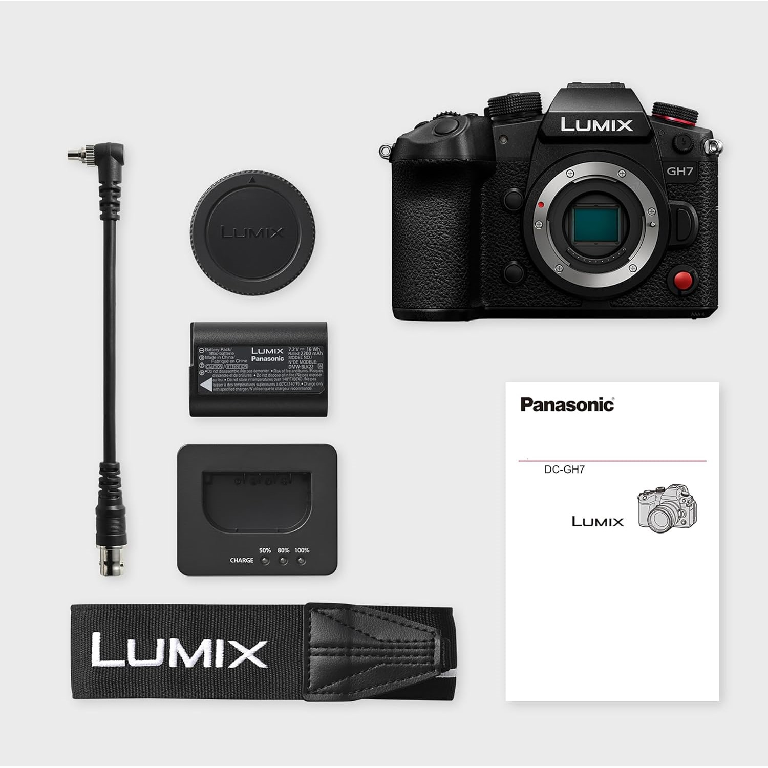 Kamera-Kit. Kamera, Akku, Ladegerät, Objektivdeckel, Gurt und Handbuch, alles auf weißem Grund.