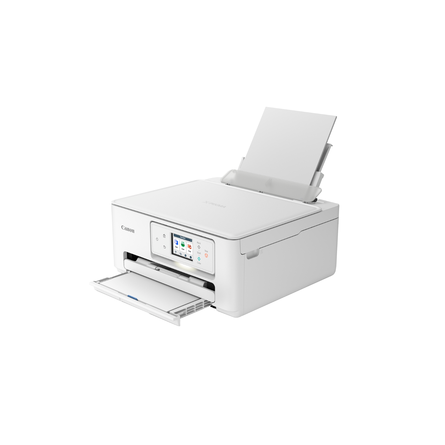 Biała drukarka Canon z podajnikiem papieru i otwartą górną pokrywą, aby pokazać wnętrze.