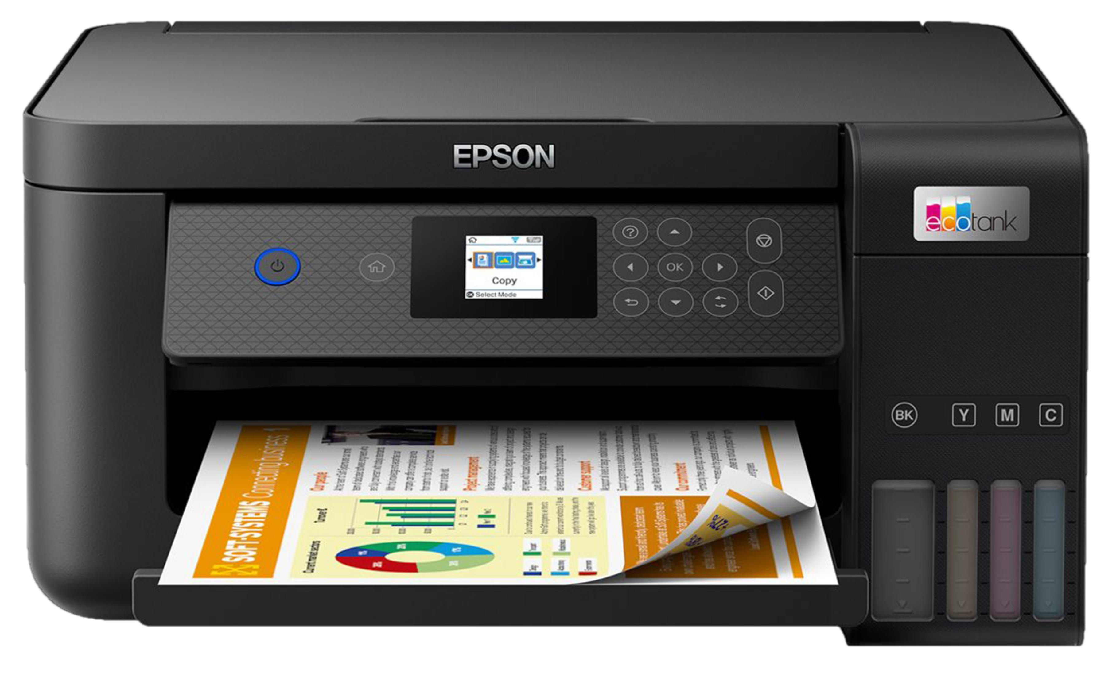 Czarna drukarka Epson z tacą na papier. Drukarka drukuje dokument.