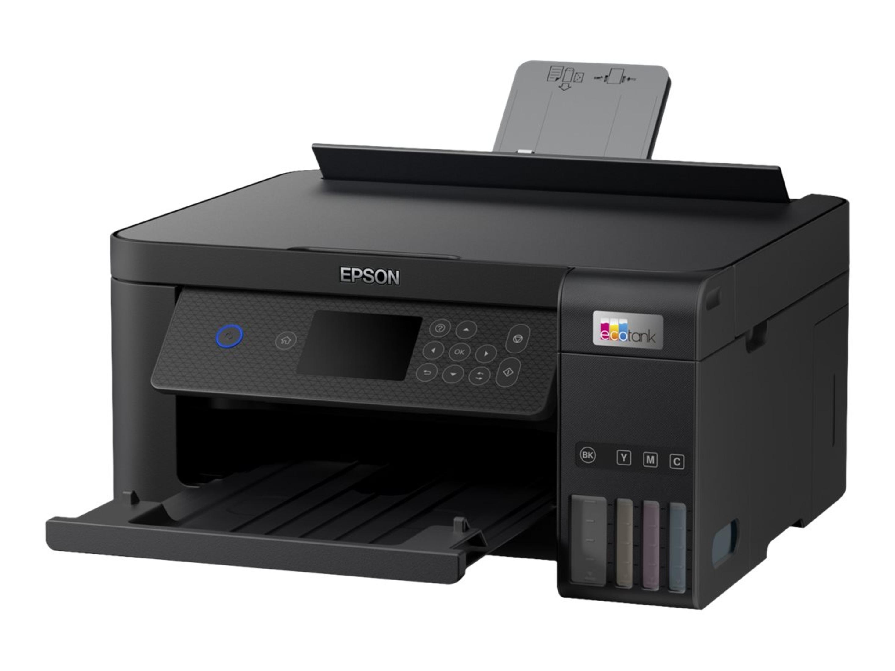 Czarna drukarka Epson, otwarta, z wysuniętą tacą na papier. Zbiorniki z tuszem widoczne po prawej stronie.