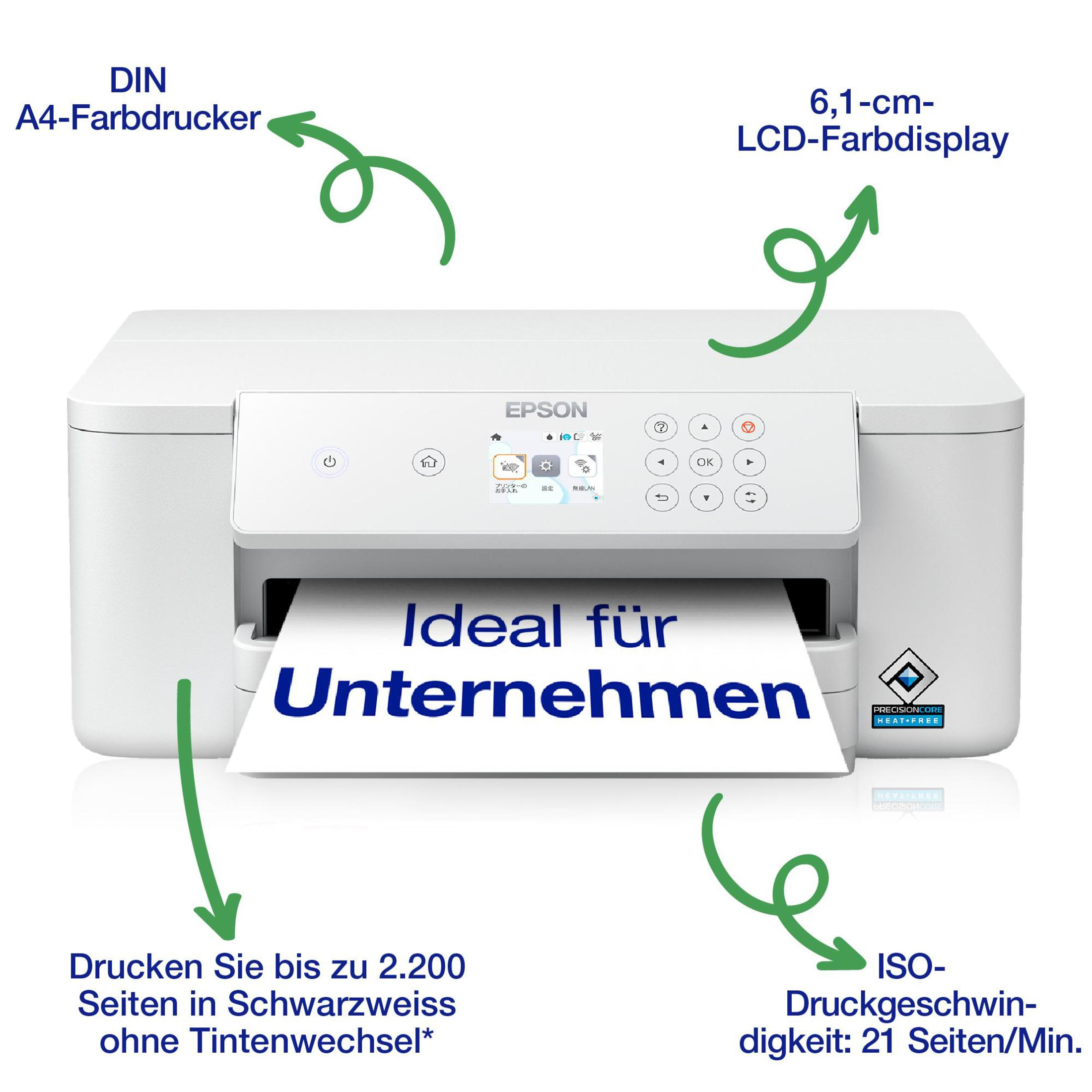 Biała drukarka z tekstem i strzałkami. Tekst mówi, idealny dla firm. Białe tło.