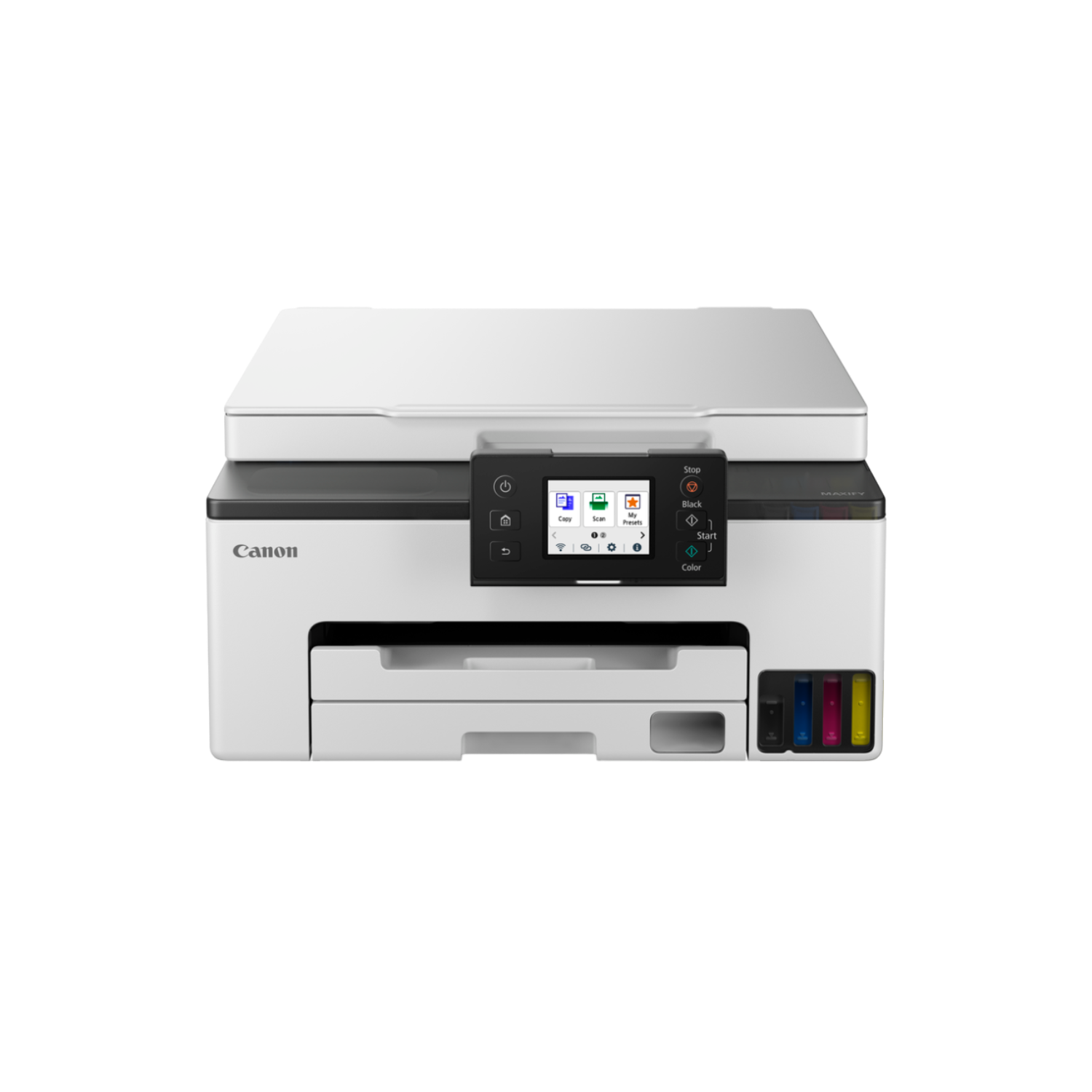 Biała drukarka z czarnym panelem sterowania i widocznymi wkładami atramentowymi.