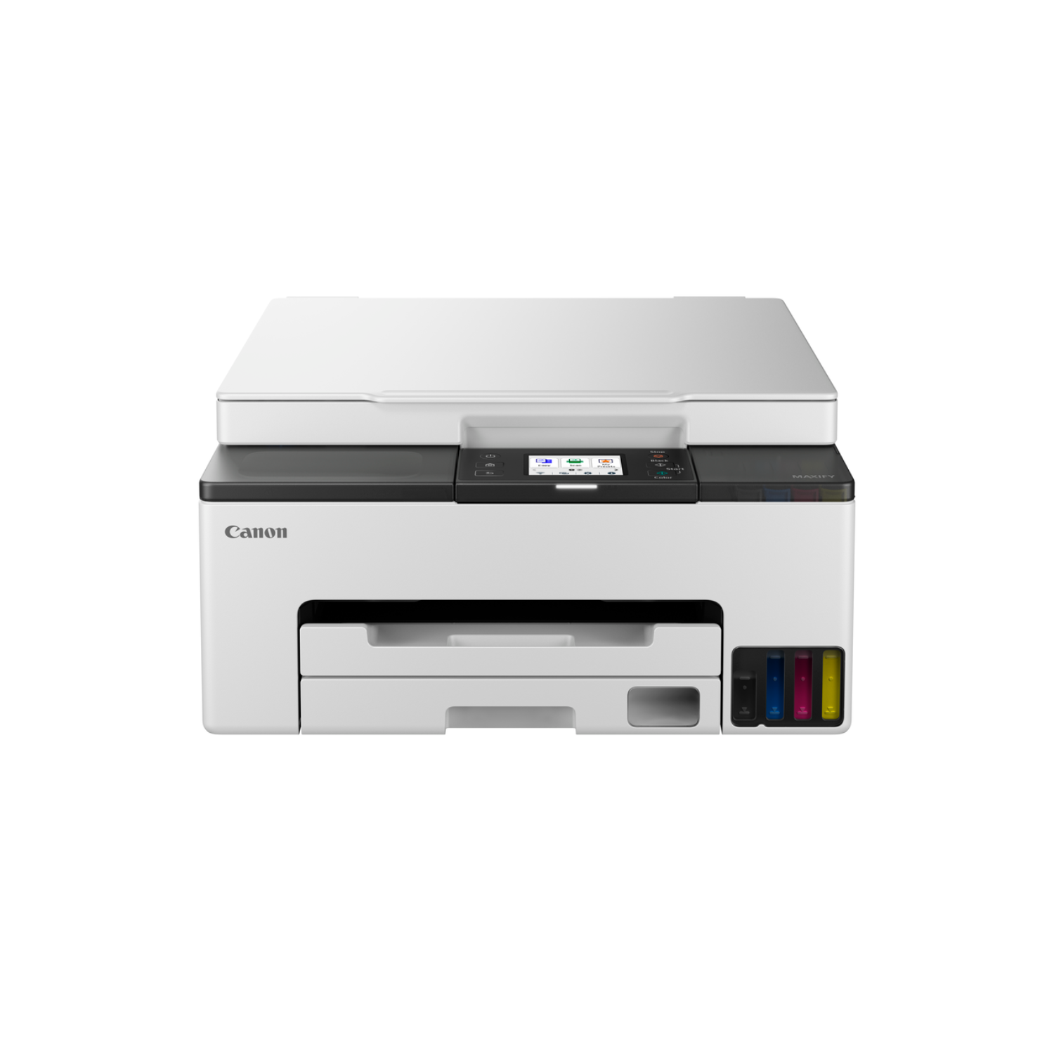 Biała drukarka Canon z czarnymi akcentami, podajnikiem papieru i pojemnikami na tusz. Model jest widoczny.