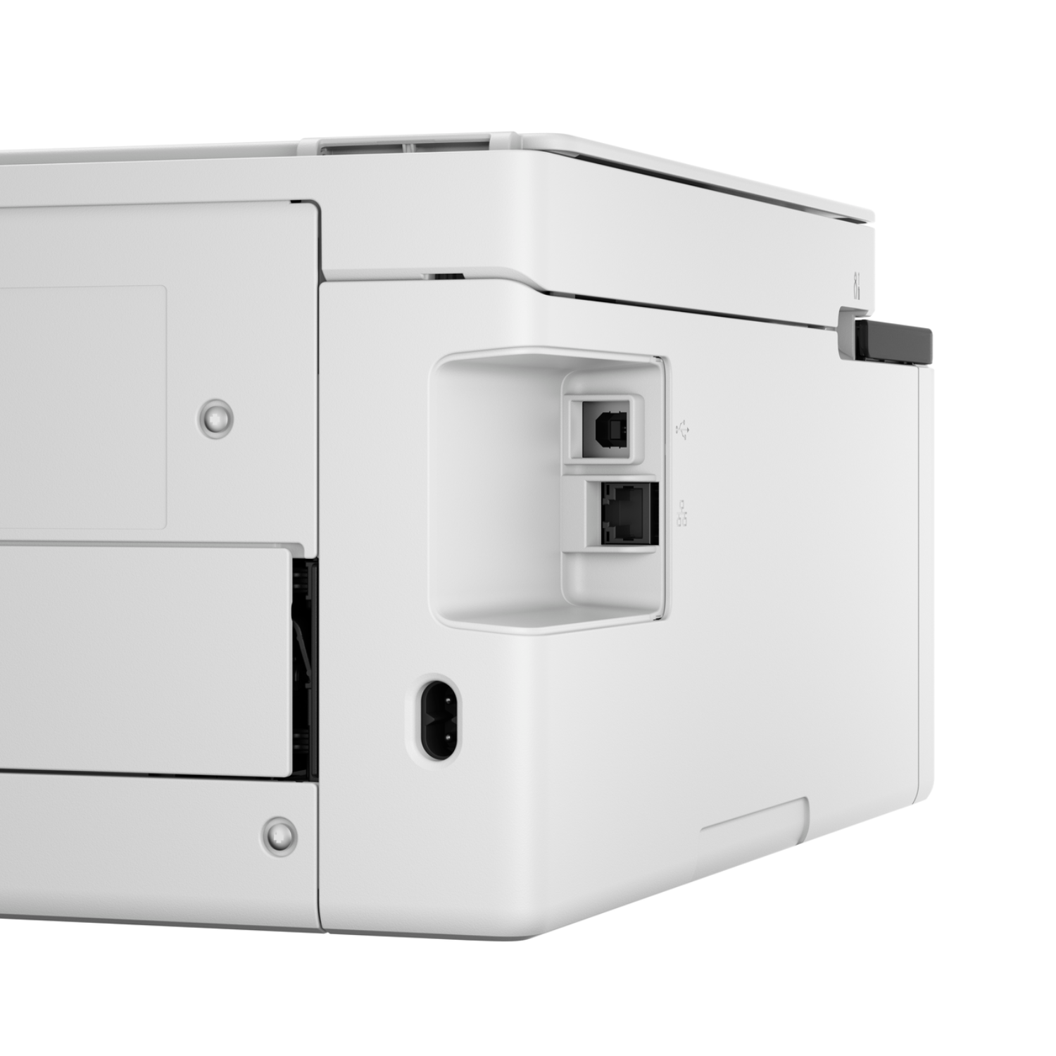 Biała drukarka z widocznymi portami z boku, w tym złączami sieciowymi i USB.