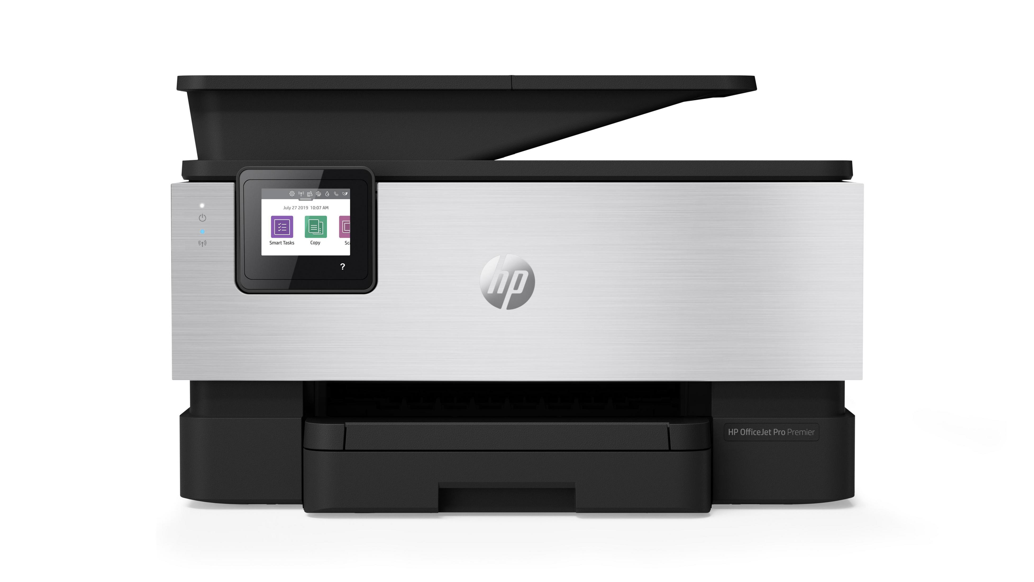 Stampante HP OfficeJet Pro Premier argento e nera su sfondo bianco.