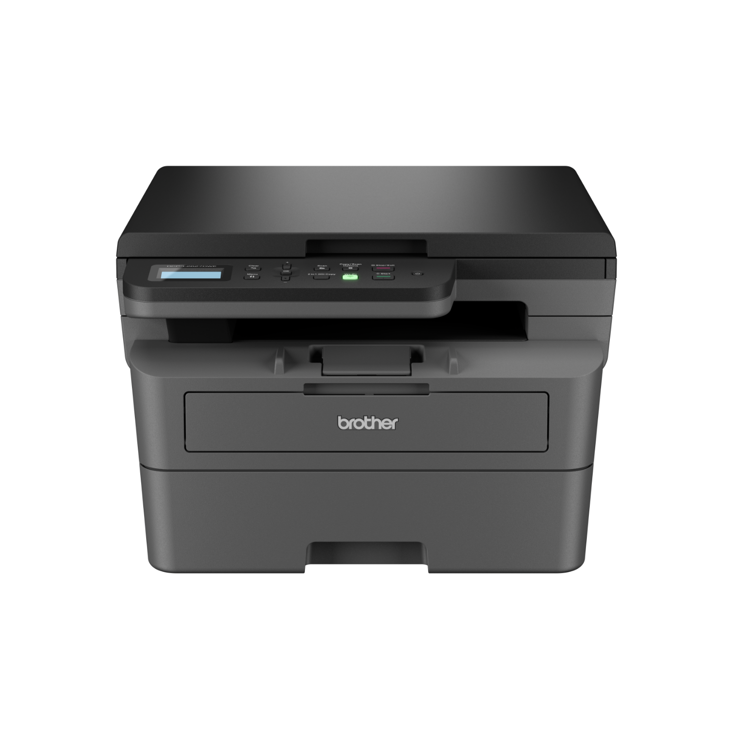 Czarna drukarka Brother na czarnym tle. Wyświetlacz i taca na papier są widoczne.