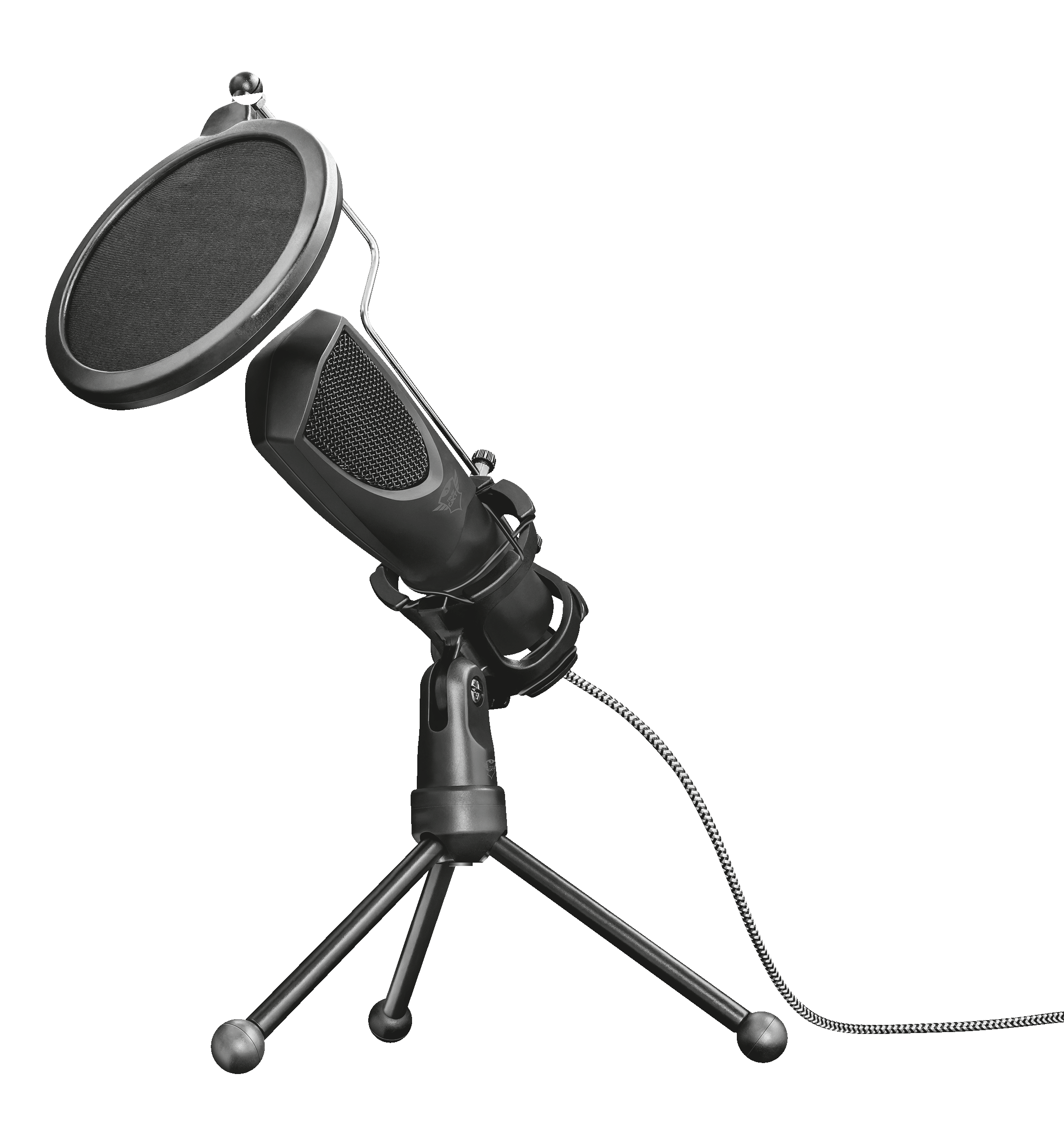 Schwarzes Mikrofon mit Pop-Filter und Ständer. Schwarzer Hintergrund.