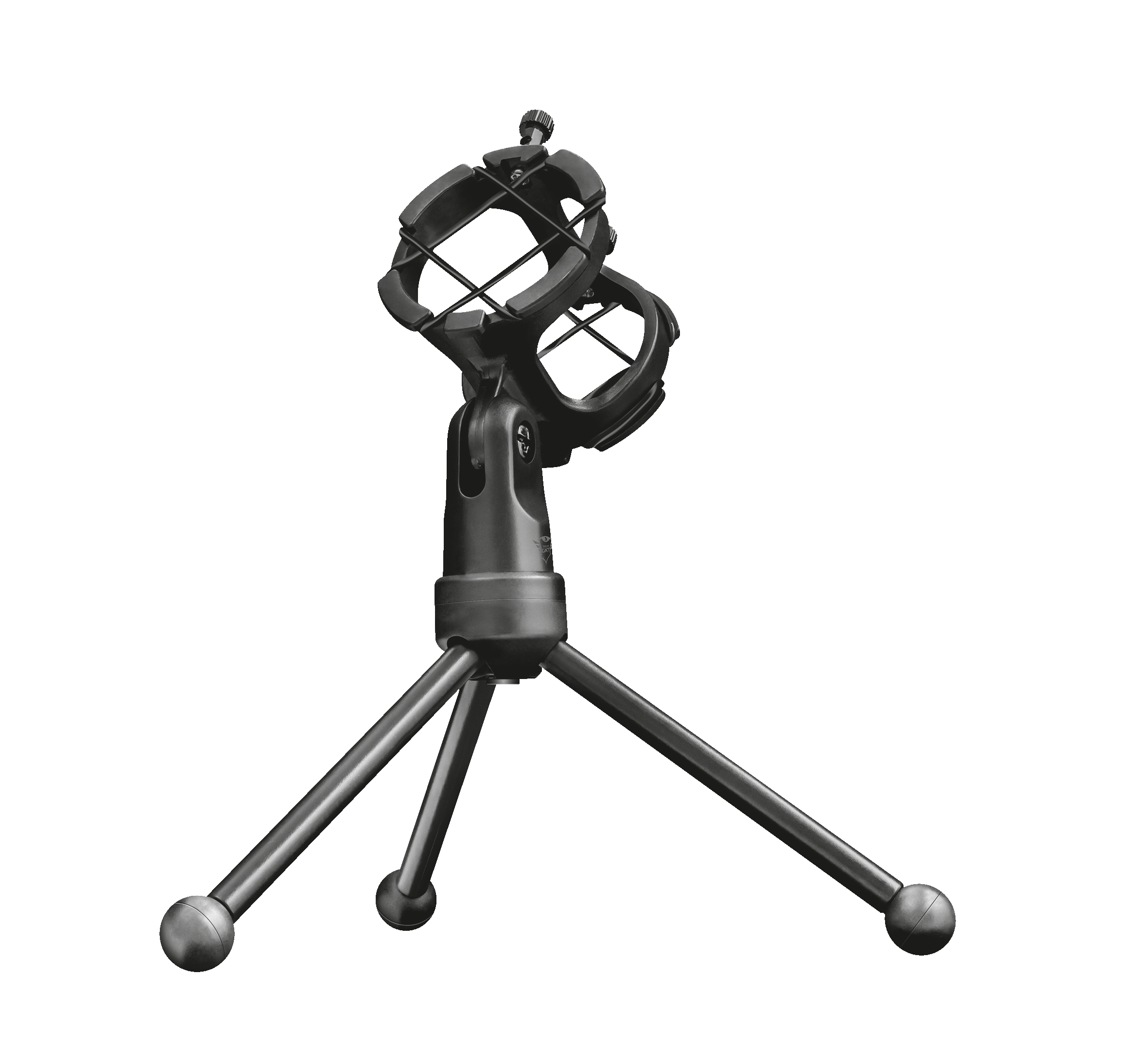 Schwarze Mikrofonhalterung. Spinnenkäfig, der das Mikrofon hält. Stativbeine und runde Füße.