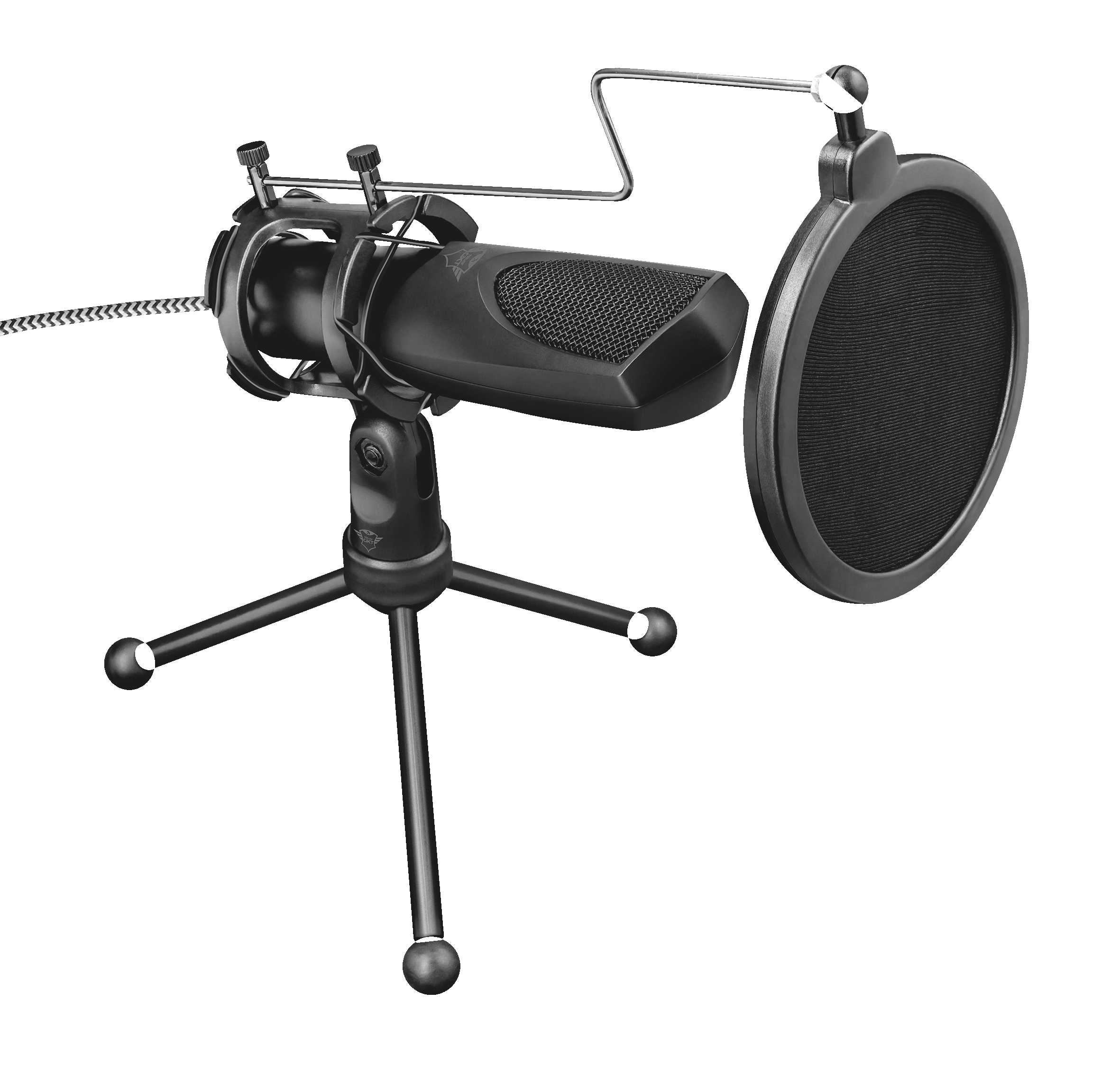 Ein schwarzes Trust-Mikrofon mit Pop-Filter und kleinem Stativ. Schwarzer Hintergrund.