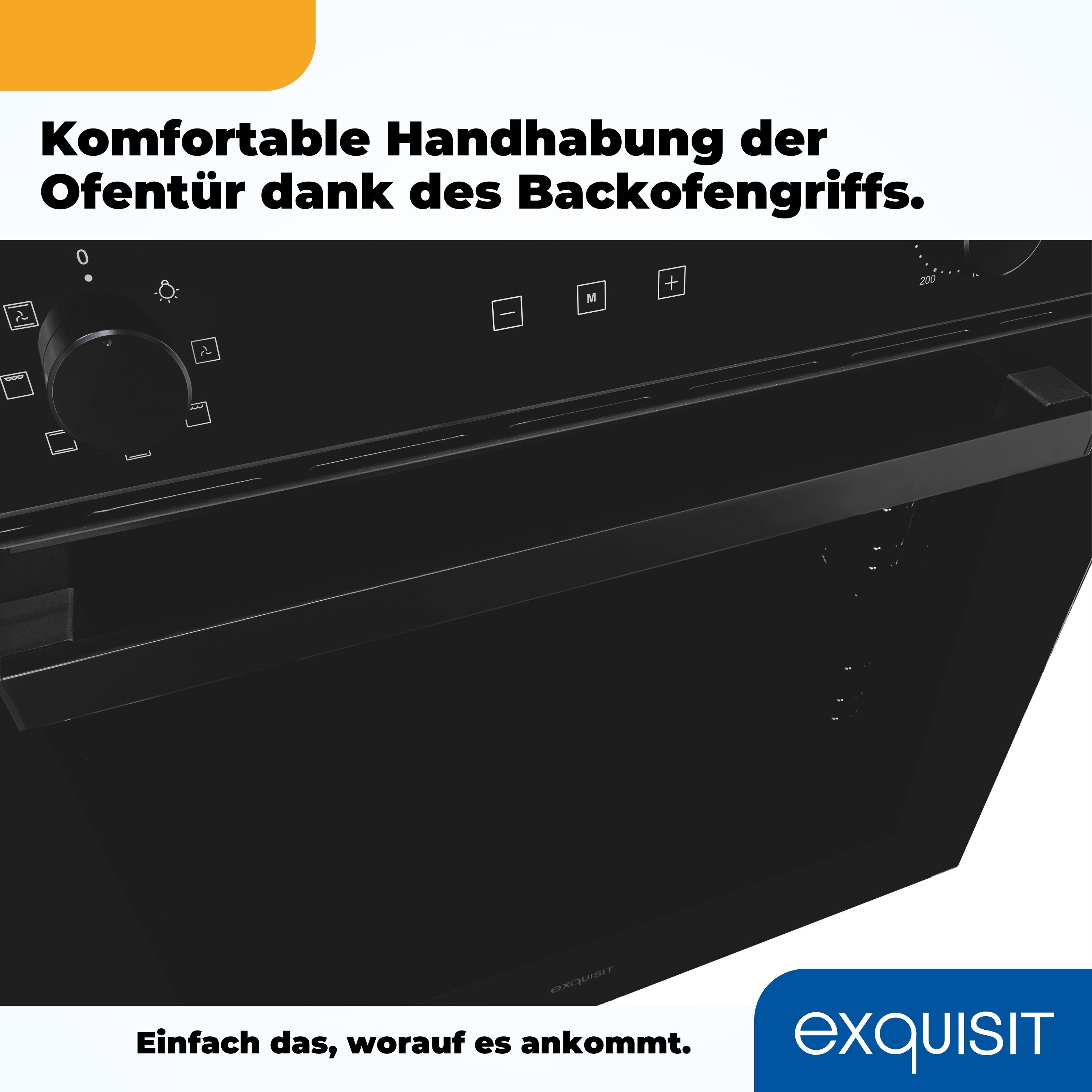 Ein schwarzer Backofen mit Griff und Bedienfeld. Text sagt: Komfortable Handhabung dank des Ofengriffs.