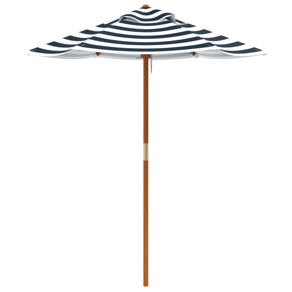 Ombrellone a righe, bianco con strisce blu navy. Palo in legno e connettore dorato.