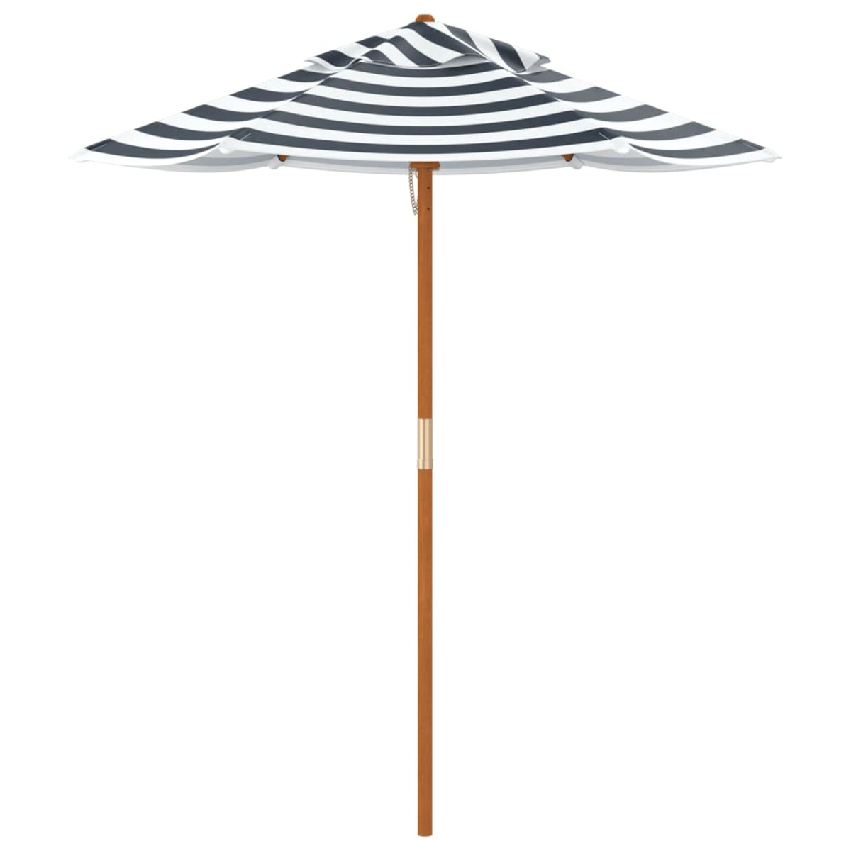 Ombrellone a righe bianche e blu navy con palo in legno, isolato su sfondo bianco.