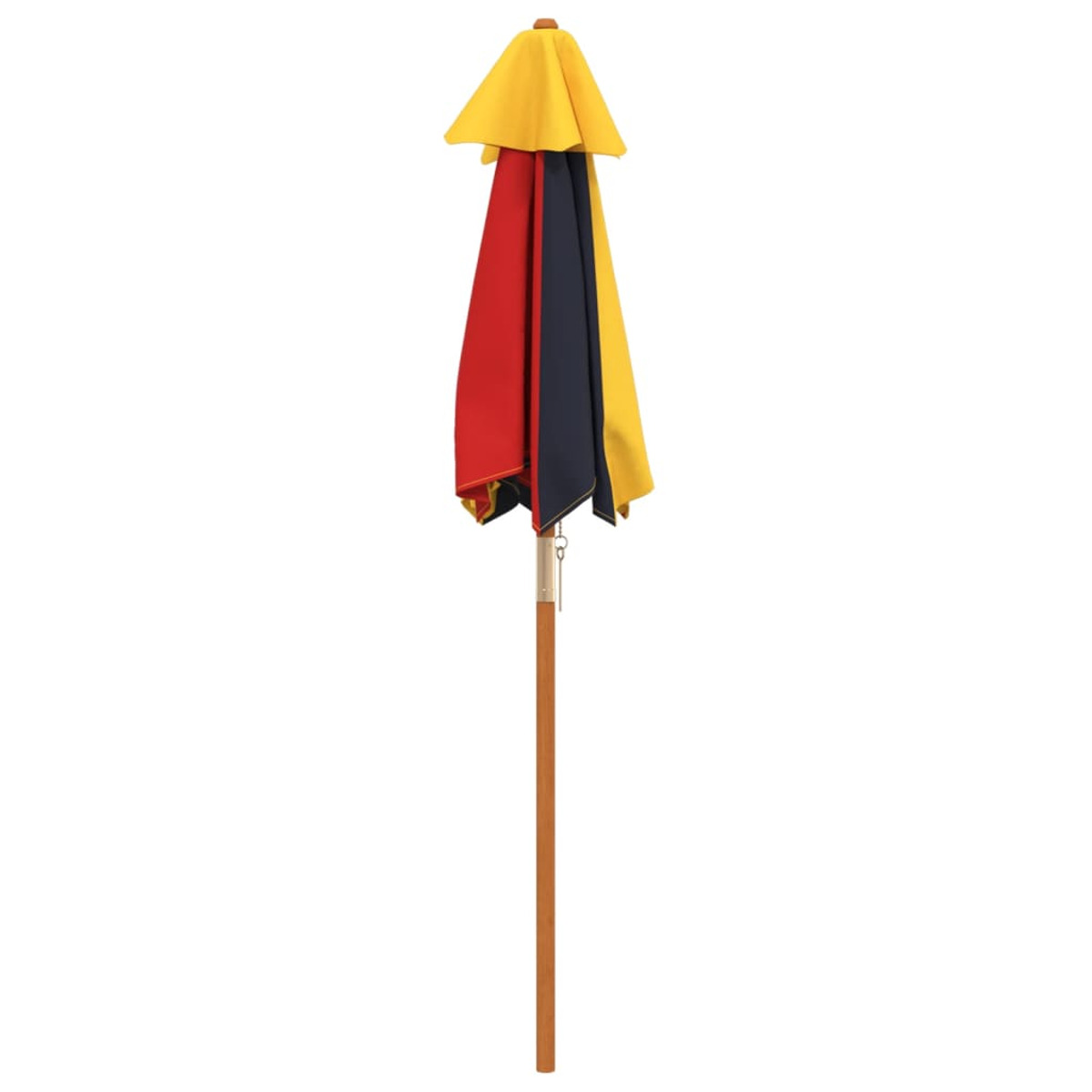 Un ombrello chiuso, multicolore con un palo di legno su sfondo bianco.