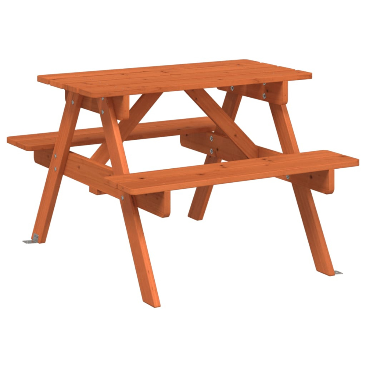 Ein hölzerner Picknicktisch mit Sitzgelegenheiten und einer flachen Oberseite.