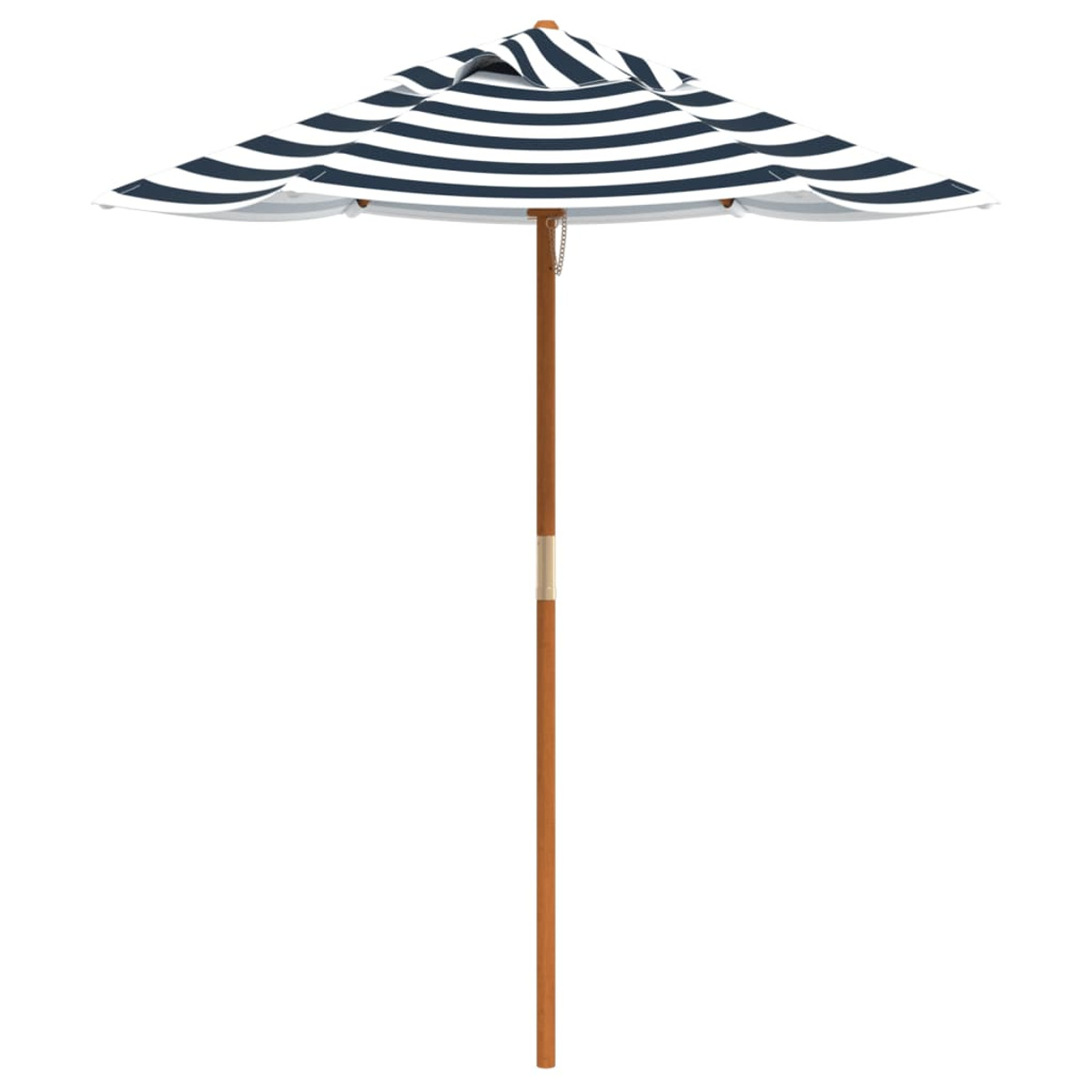 Ein offener blau-weiß gestreifter Regenschirm auf einem Holzpfahl, vor weißem Hintergrund.