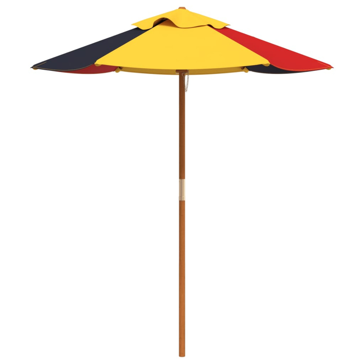 Bunter Sonnenschirm mit roten, gelben und blauen Paneelen. Er hat eine Holzstange.