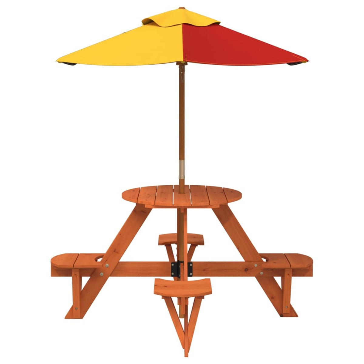 Holz-Picknicktisch mit Schirm. Der Schirm ist rot und gelb.