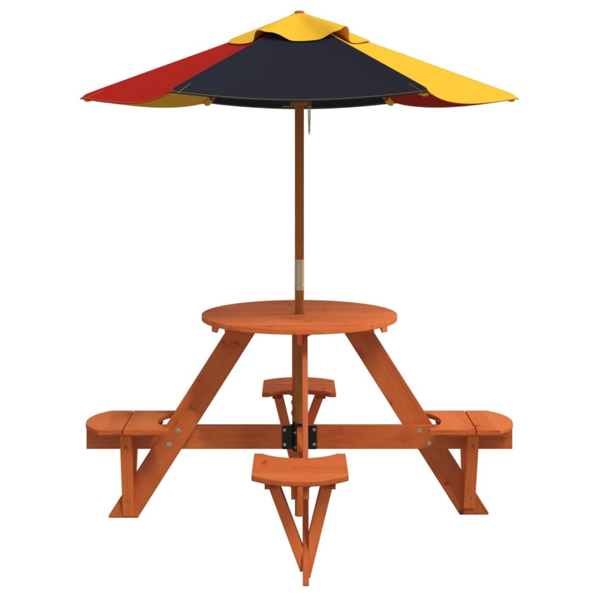 Holz-Picknicktisch mit angebrachten Bänken. Ein bunter Regenschirm steht in der Mitte.
