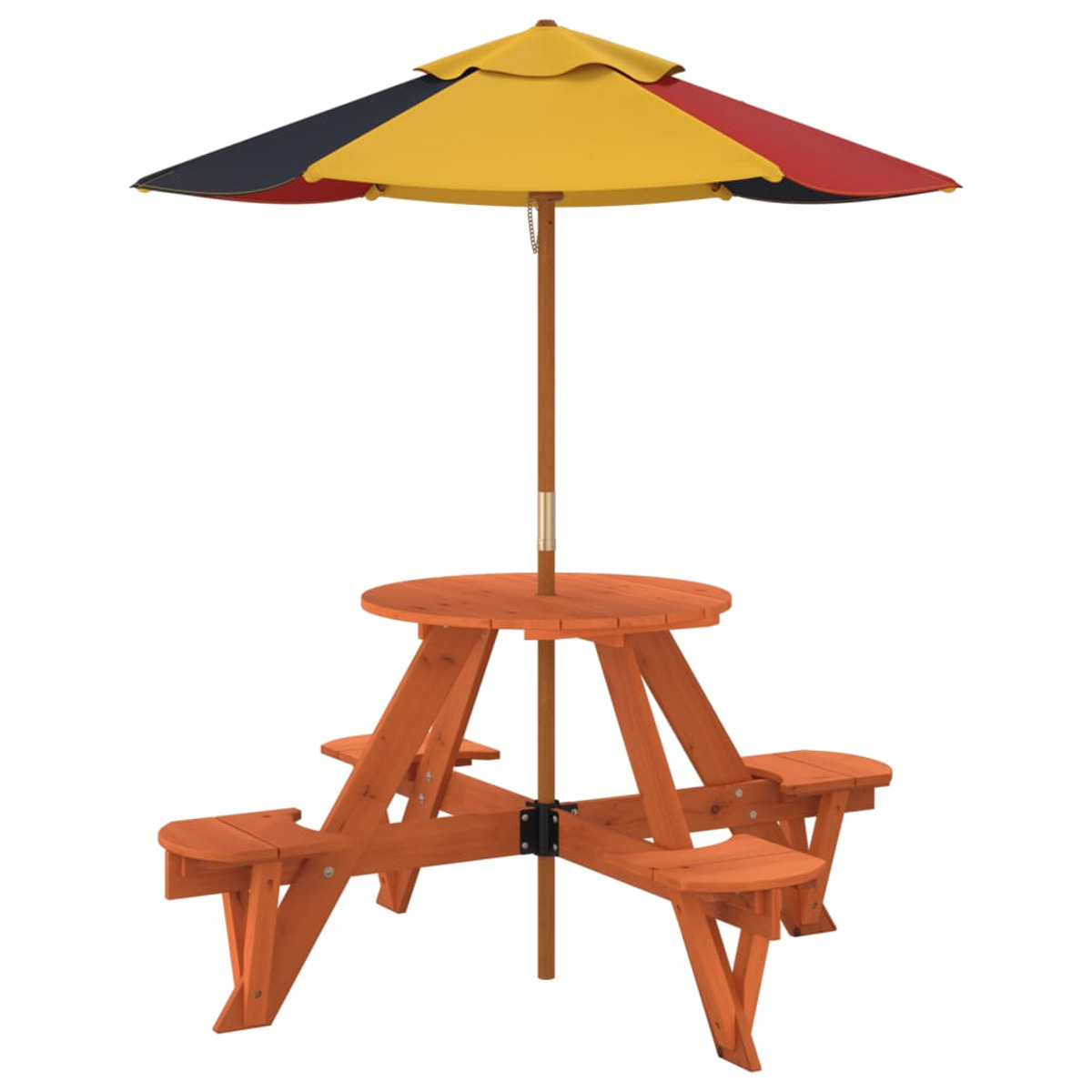 Holz-Picknicktisch mit buntem Regenschirm auf weißem Hintergrund.