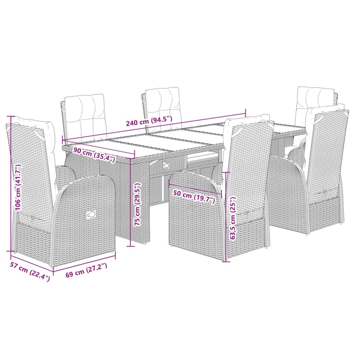 Set da pranzo da esterno in vimini con dimensioni. Tavolo e sedie marroni, cuscini beige.