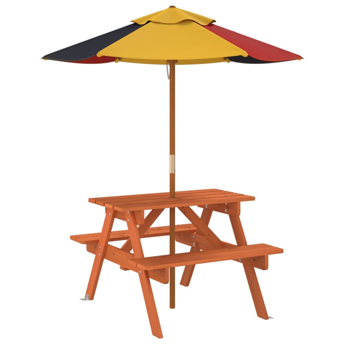 Oranger Picknicktisch mit buntem Sonnenschirm. Der Hintergrund ist eine weiße Oberfläche.